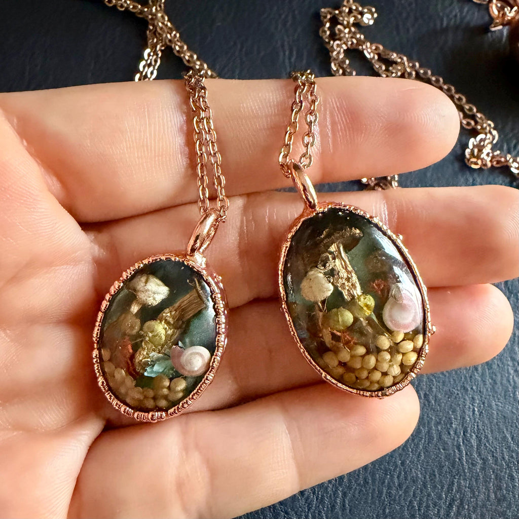 Electroformed Copper Goblincore Mushroom Garden Pendant | Real Plant in Resin | Mushroom Necklace