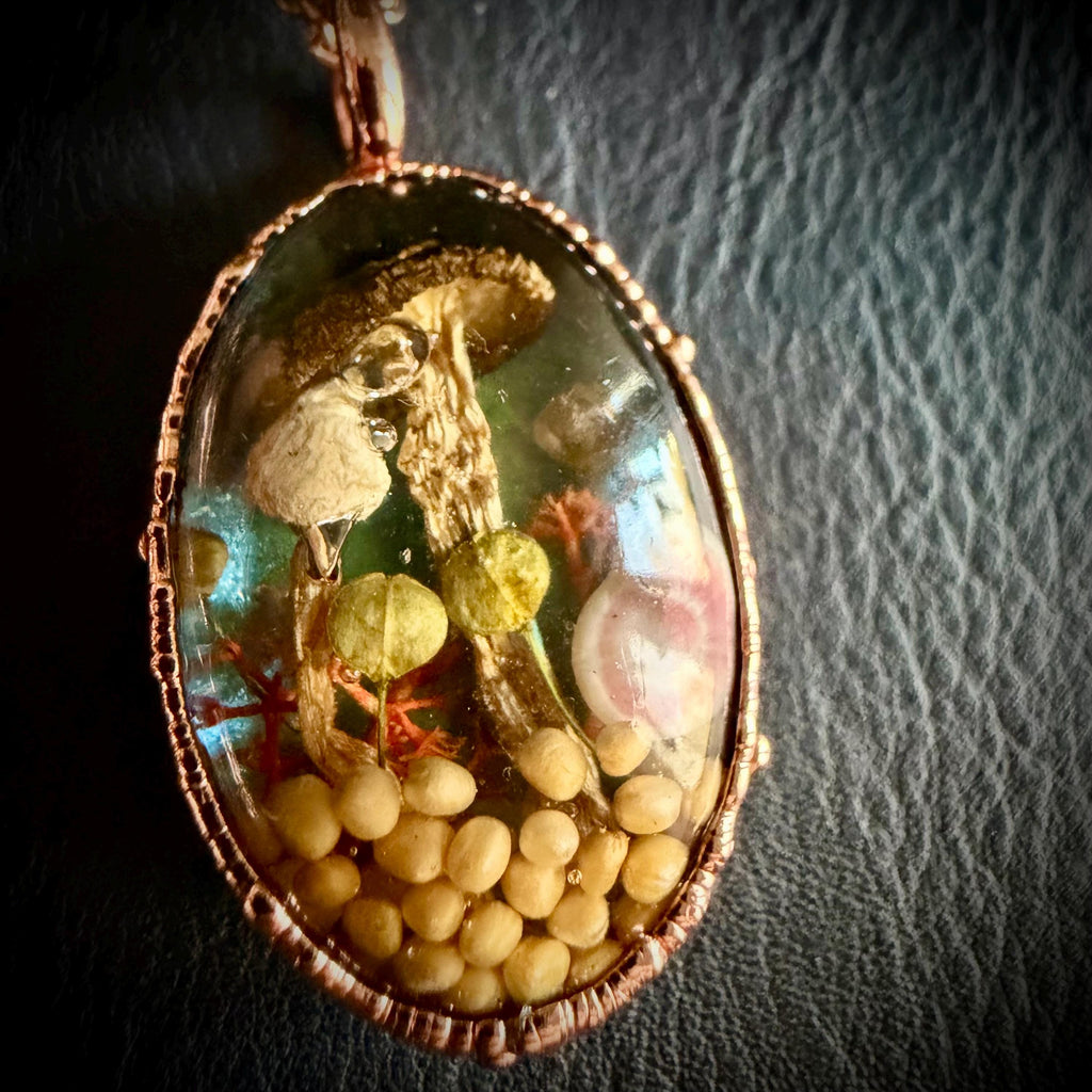 Electroformed Copper Goblincore Mushroom Garden Pendant | Real Plant in Resin | Mushroom Necklace