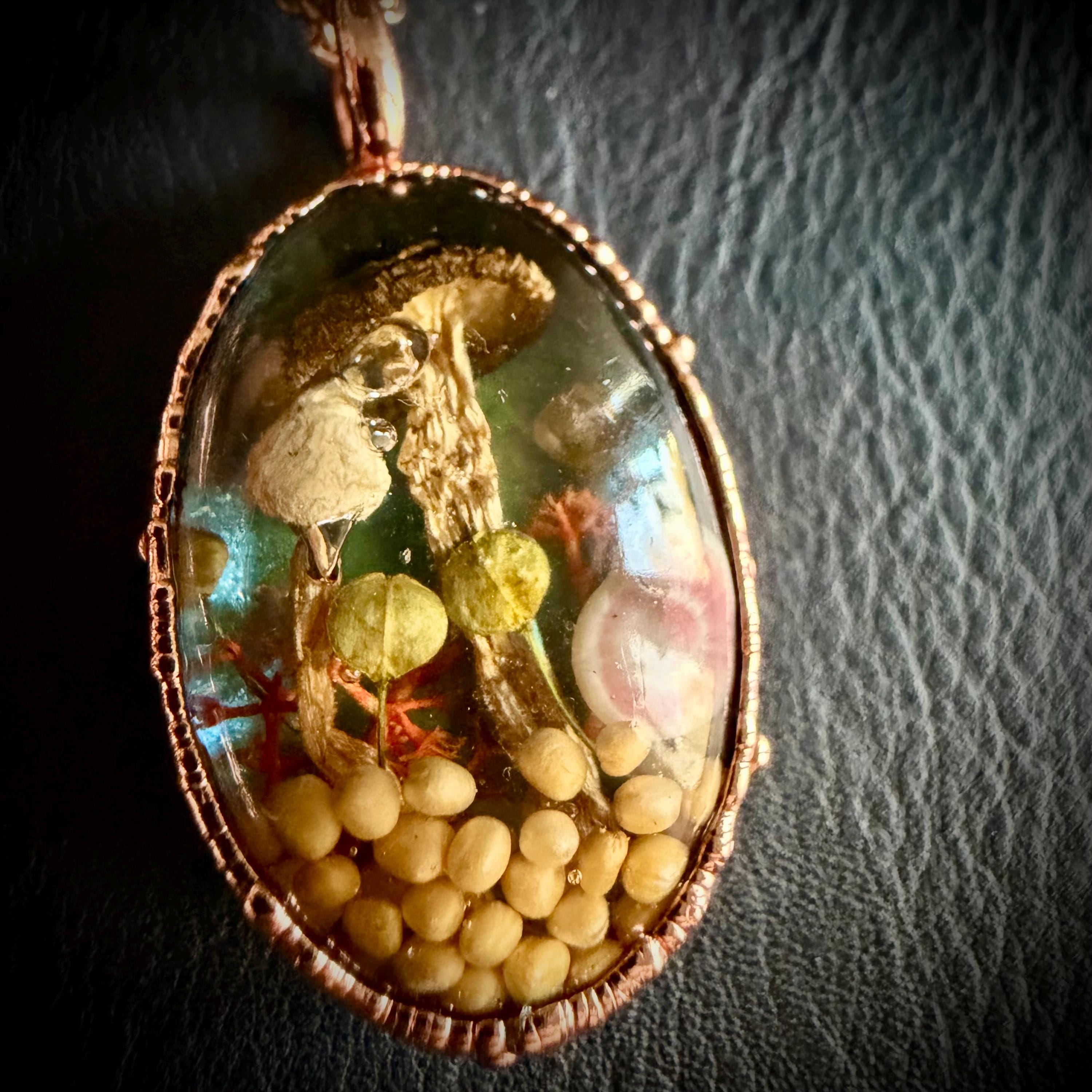 Electroformed Copper Goblincore Mushroom Garden Pendant | Real Plant in Resin | Mushroom Necklace