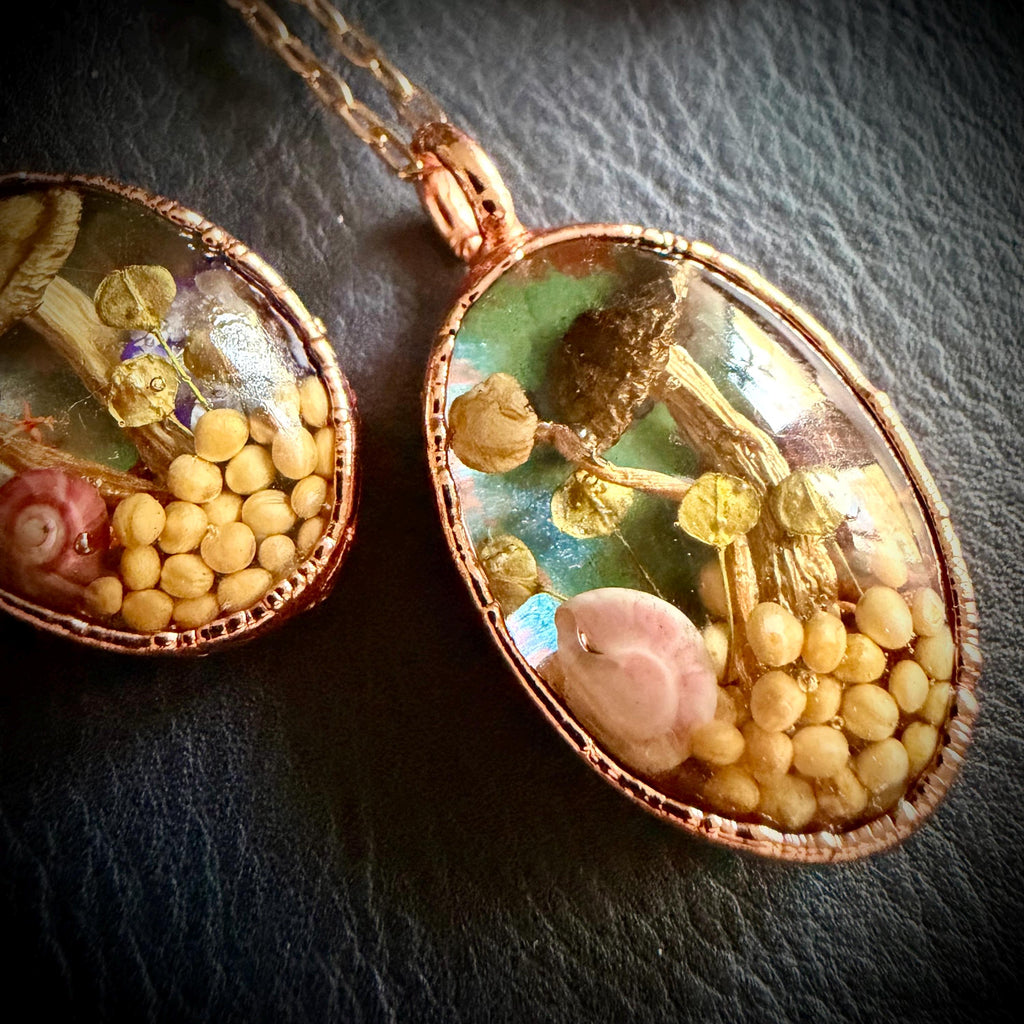 Electroformed Copper Goblincore Mushroom Garden Pendant | Real Plant in Resin | Mushroom Necklace