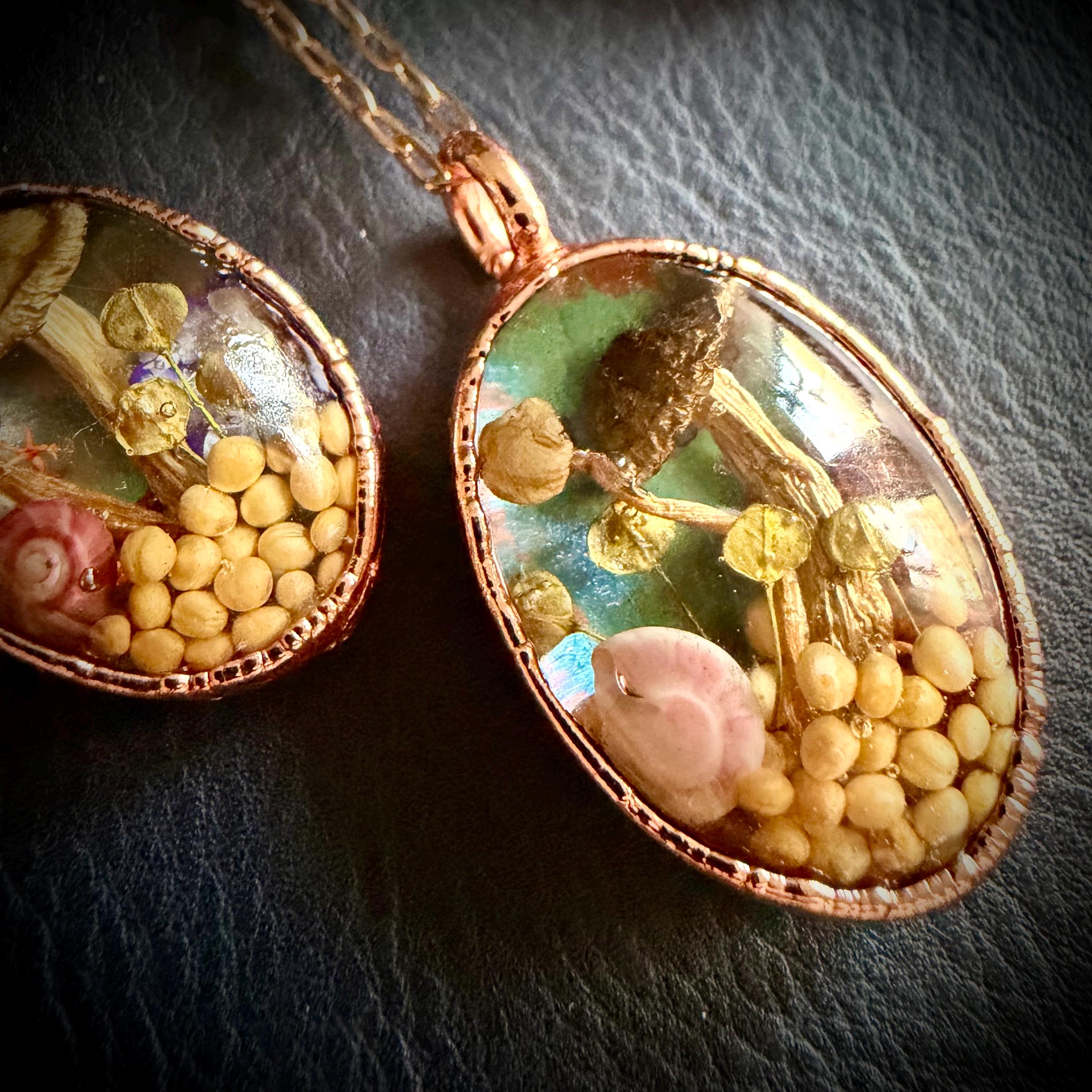 Electroformed Copper Goblincore Mushroom Garden Pendant | Real Plant in Resin | Mushroom Necklace