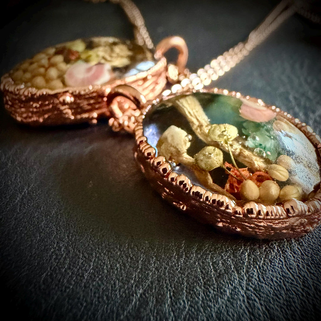Electroformed Copper Goblincore Mushroom Garden Pendant | Real Plant in Resin | Mushroom Necklace