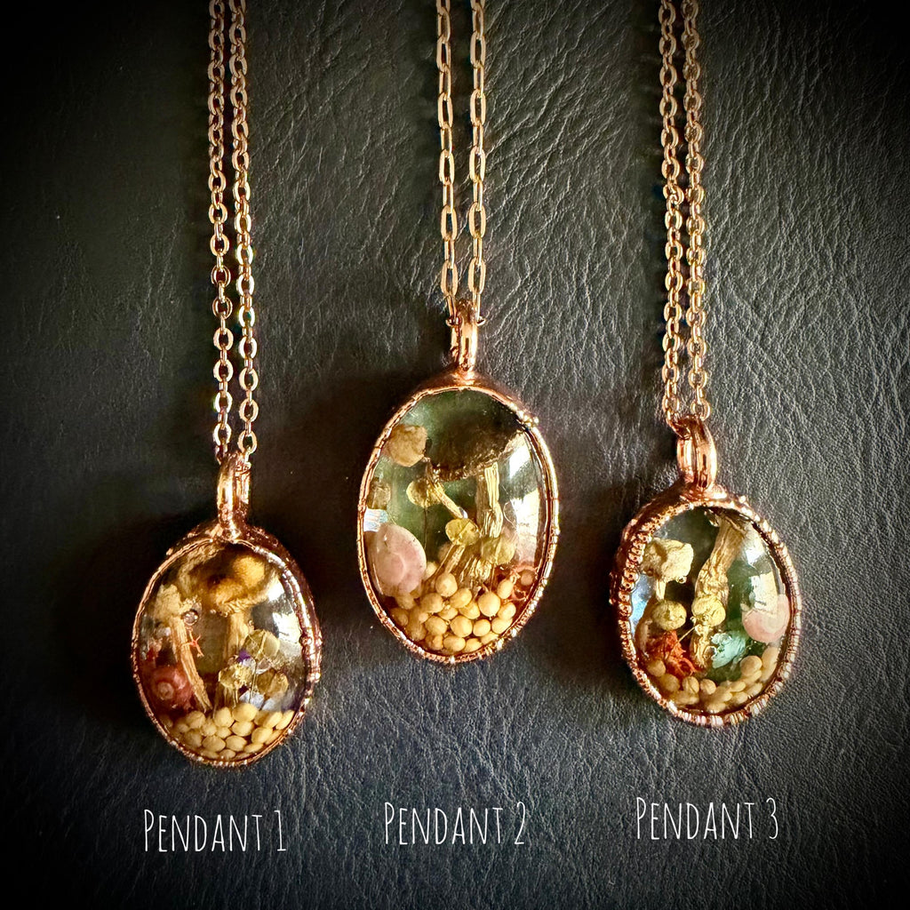 Electroformed Copper Goblincore Mushroom Garden Pendant | Real Plant in Resin | Mushroom Necklace