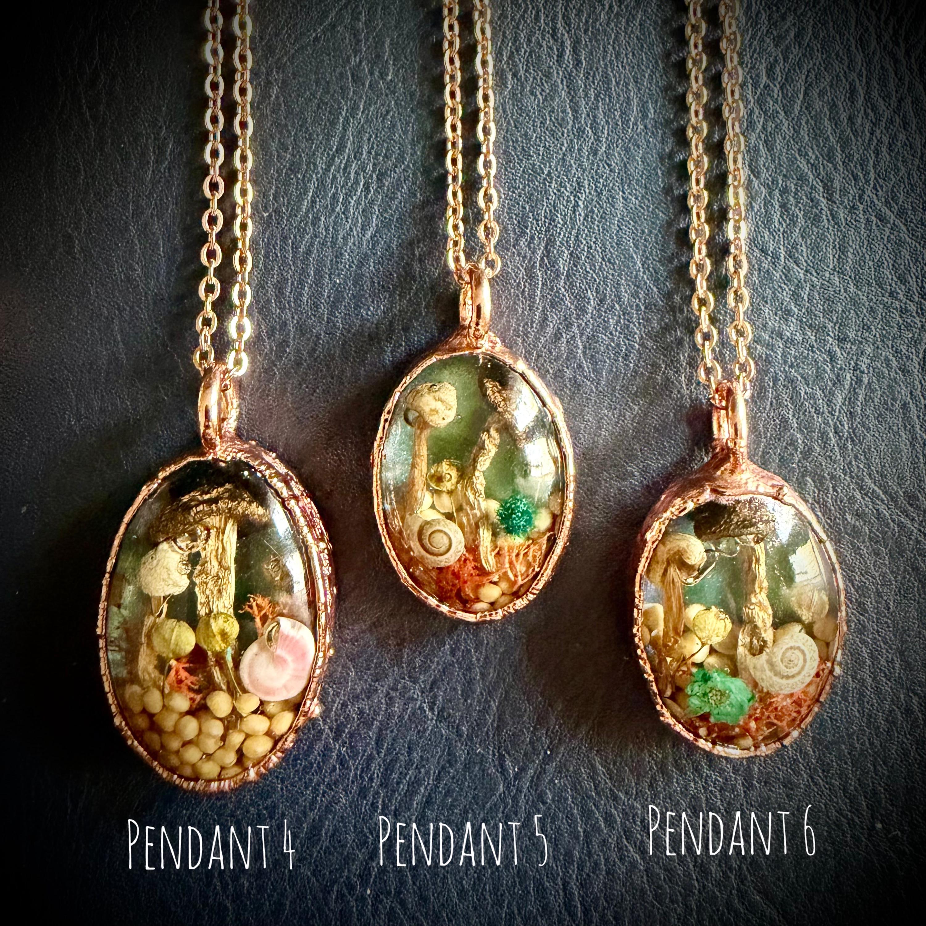 Electroformed Copper Goblincore Mushroom Garden Pendant | Real Plant in Resin | Mushroom Necklace