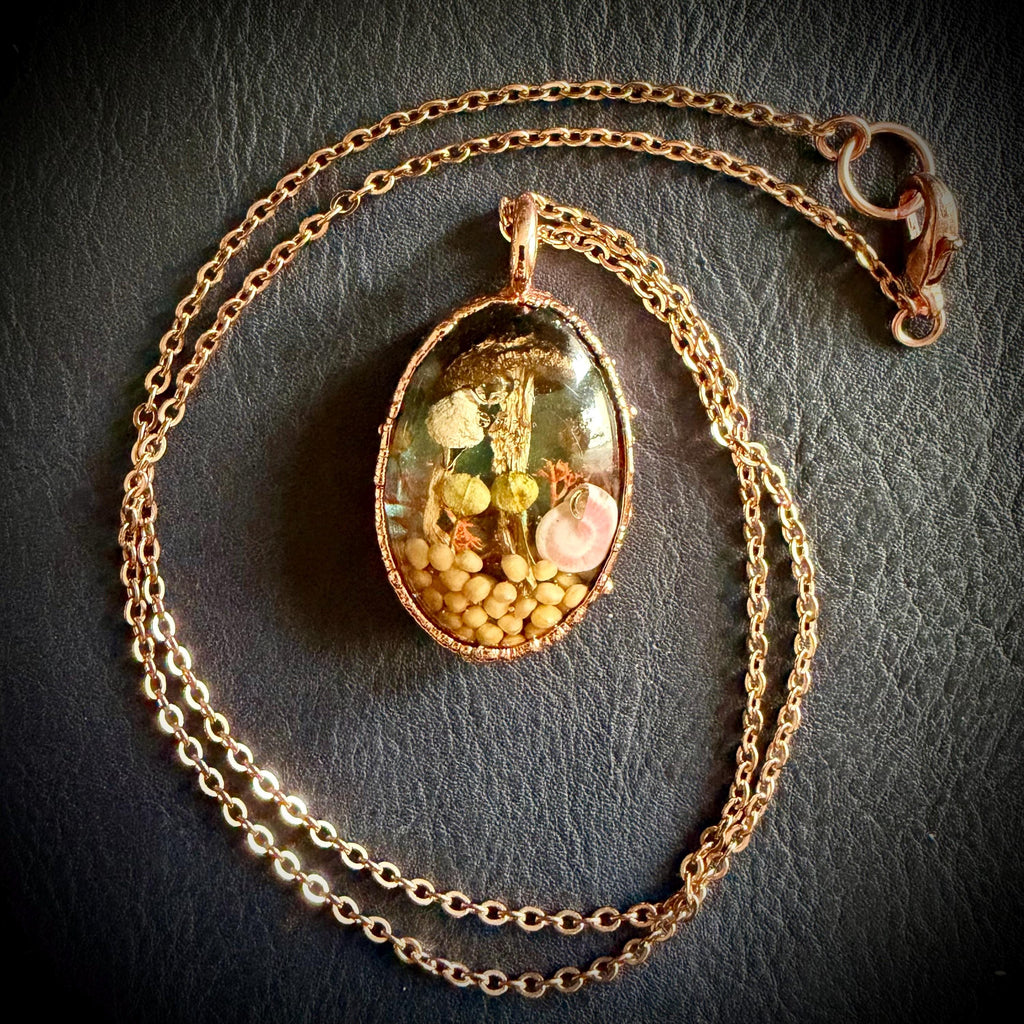 Electroformed Copper Goblincore Mushroom Garden Pendant | Real Plant in Resin | Mushroom Necklace