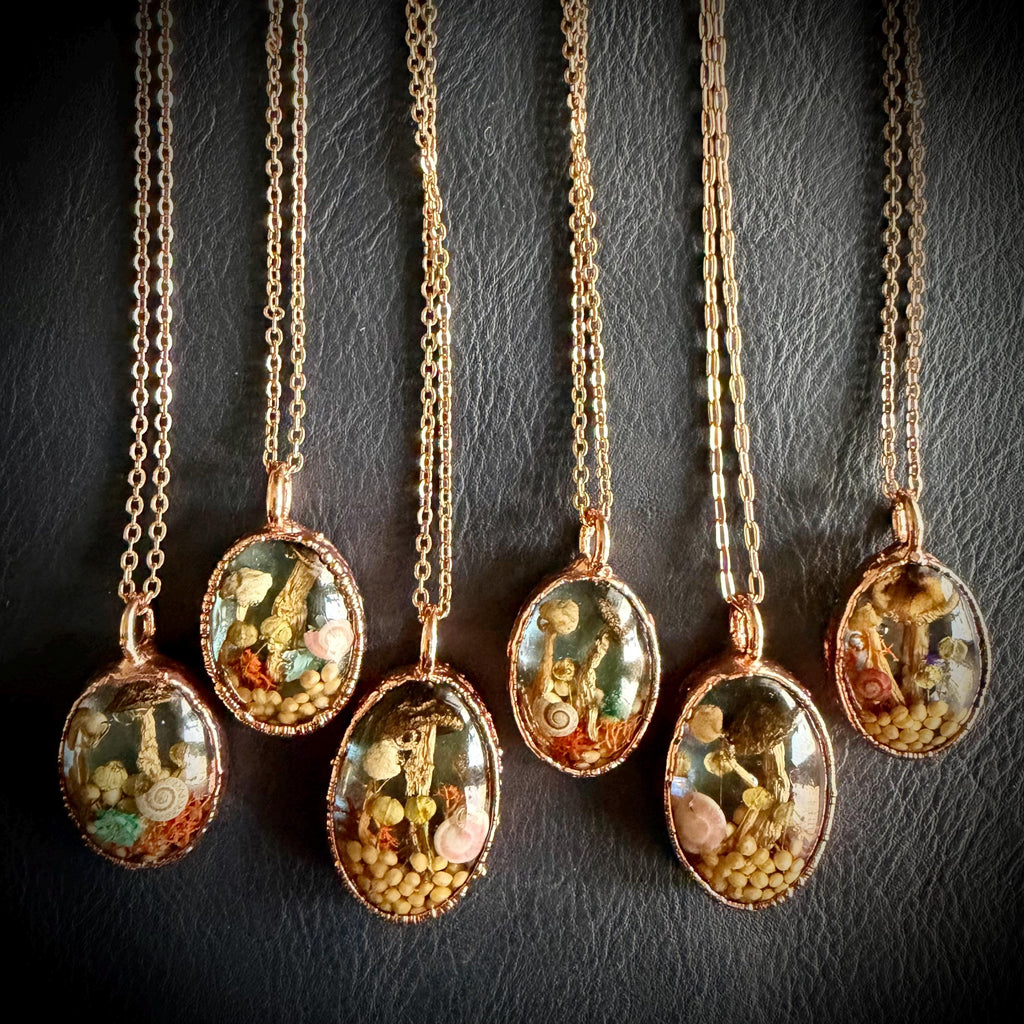 Electroformed Copper Goblincore Mushroom Garden Pendant | Real Plant in Resin | Mushroom Necklace
