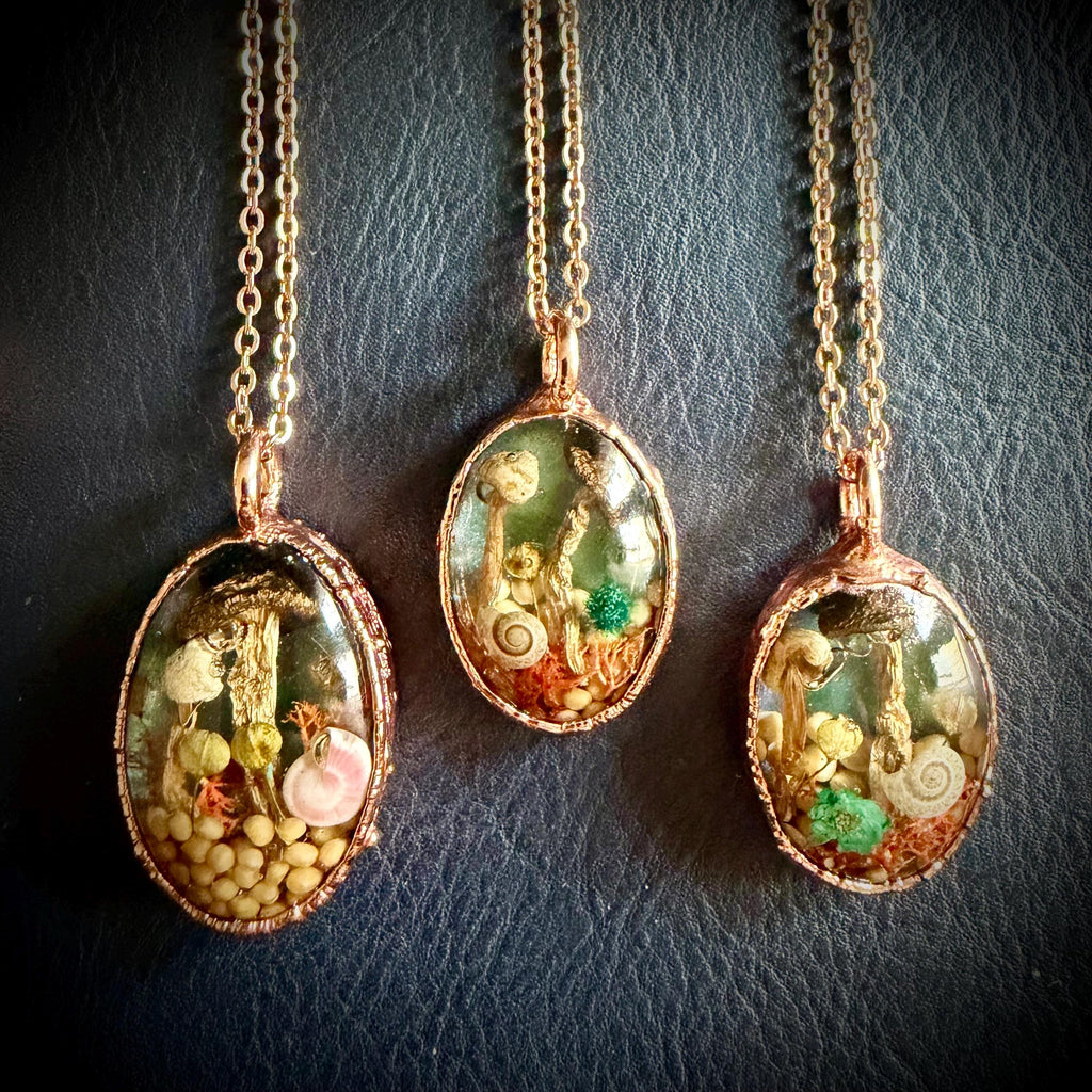 Electroformed Copper Goblincore Mushroom Garden Pendant | Real Plant in Resin | Mushroom Necklace