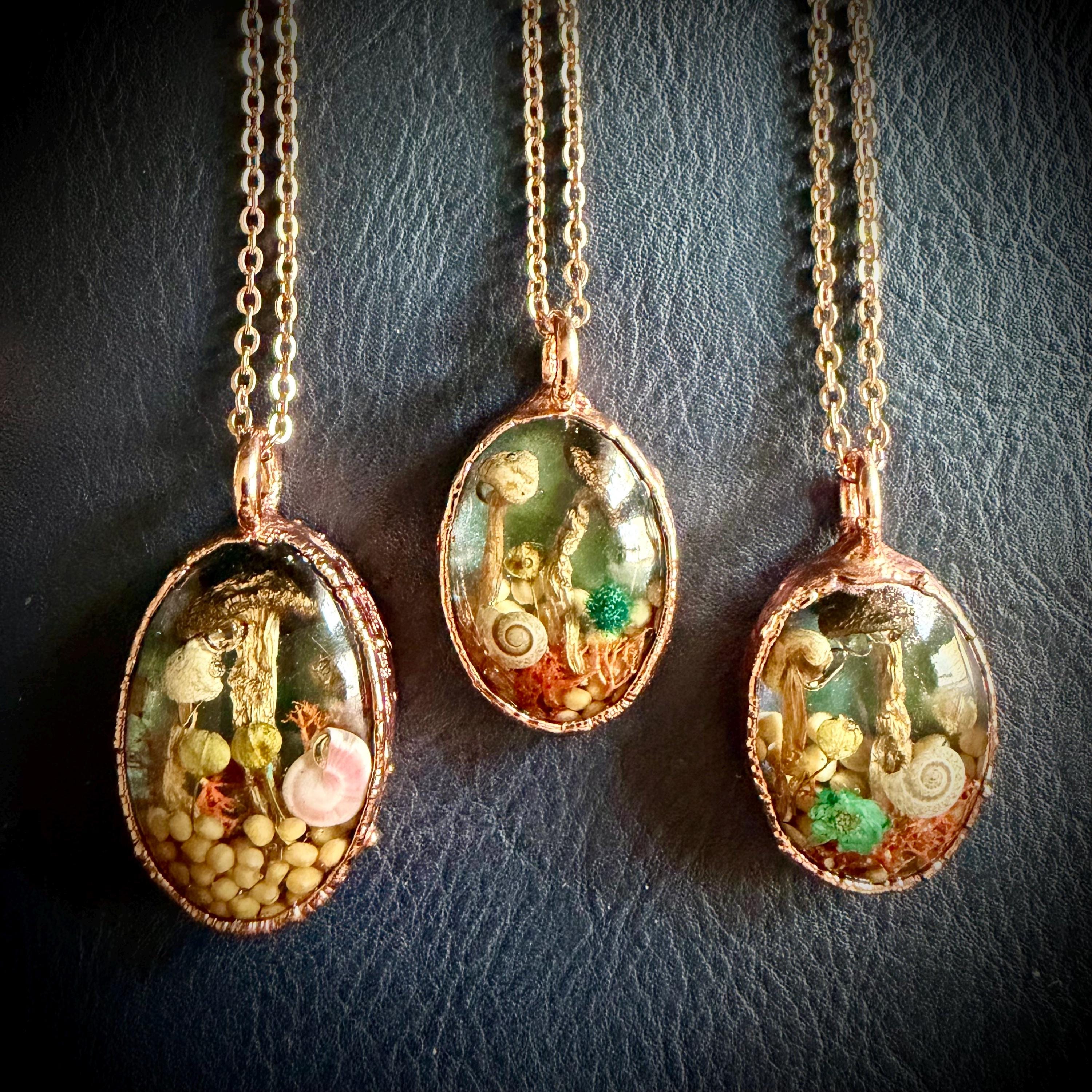 Electroformed Copper Goblincore Mushroom Garden Pendant | Real Plant in Resin | Mushroom Necklace