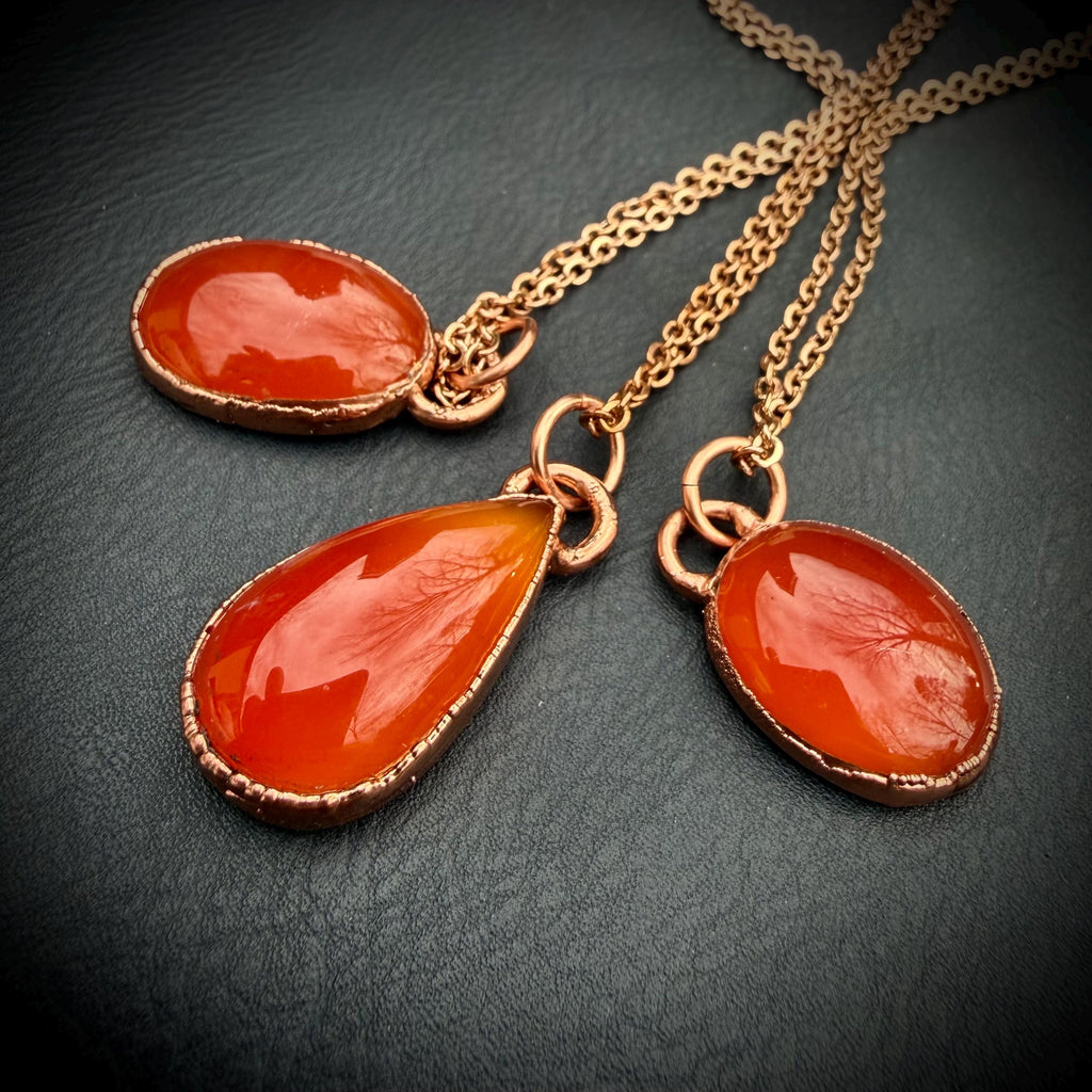 Electroformed Copper Orange Onyx Necklace, Rose Gold Chain