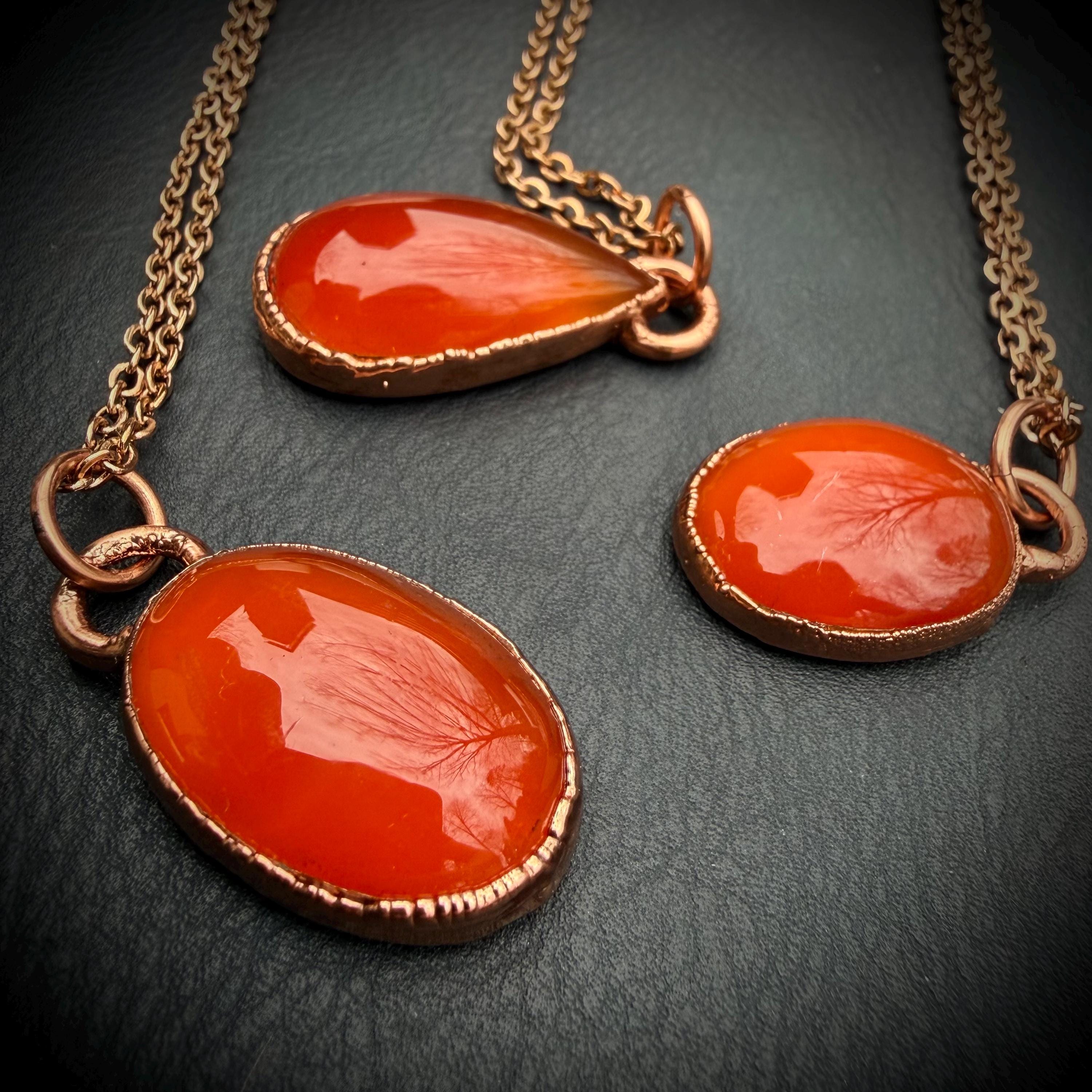 Electroformed Copper Orange Onyx Necklace, Rose Gold Chain