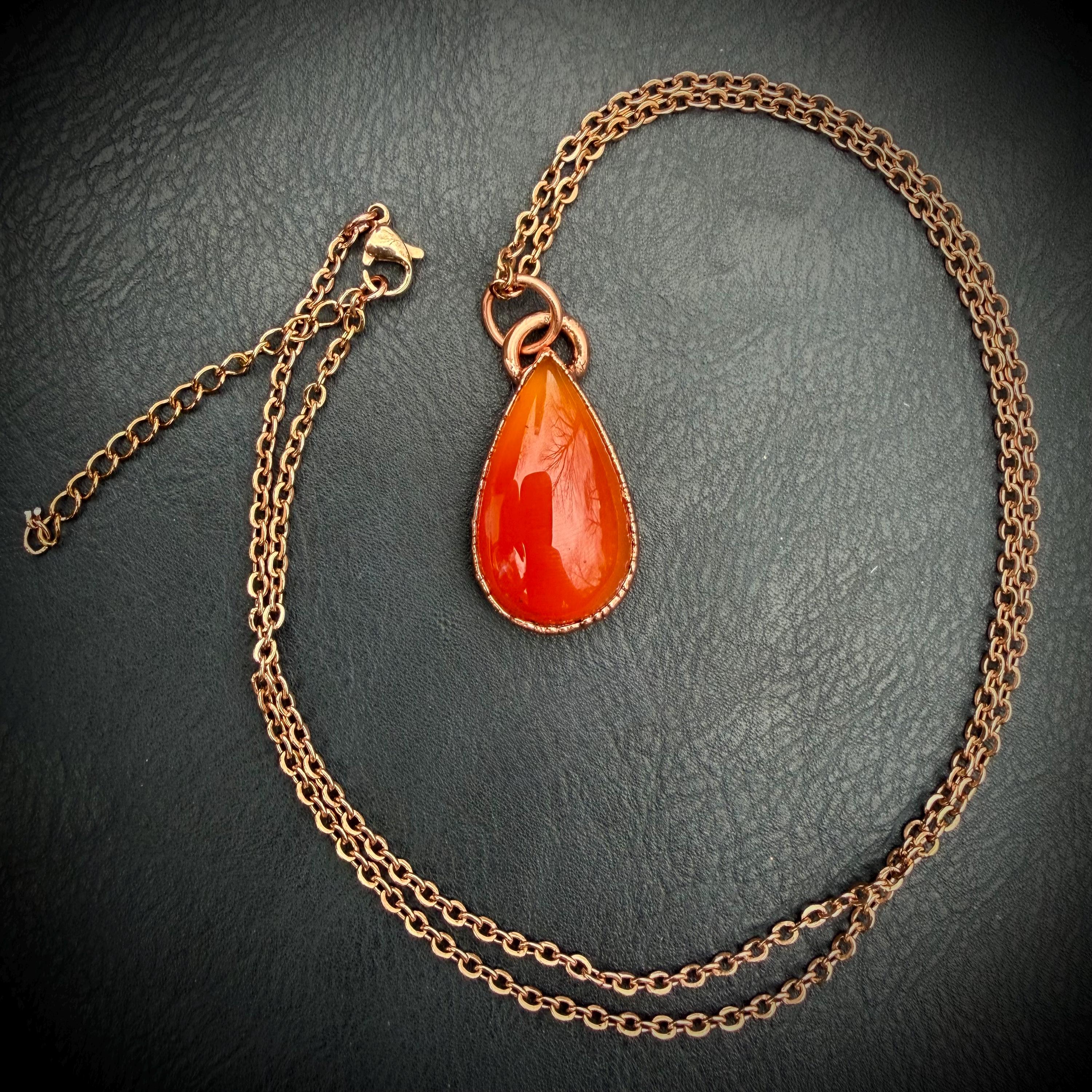 Electroformed Copper Orange Onyx Necklace, Rose Gold Chain