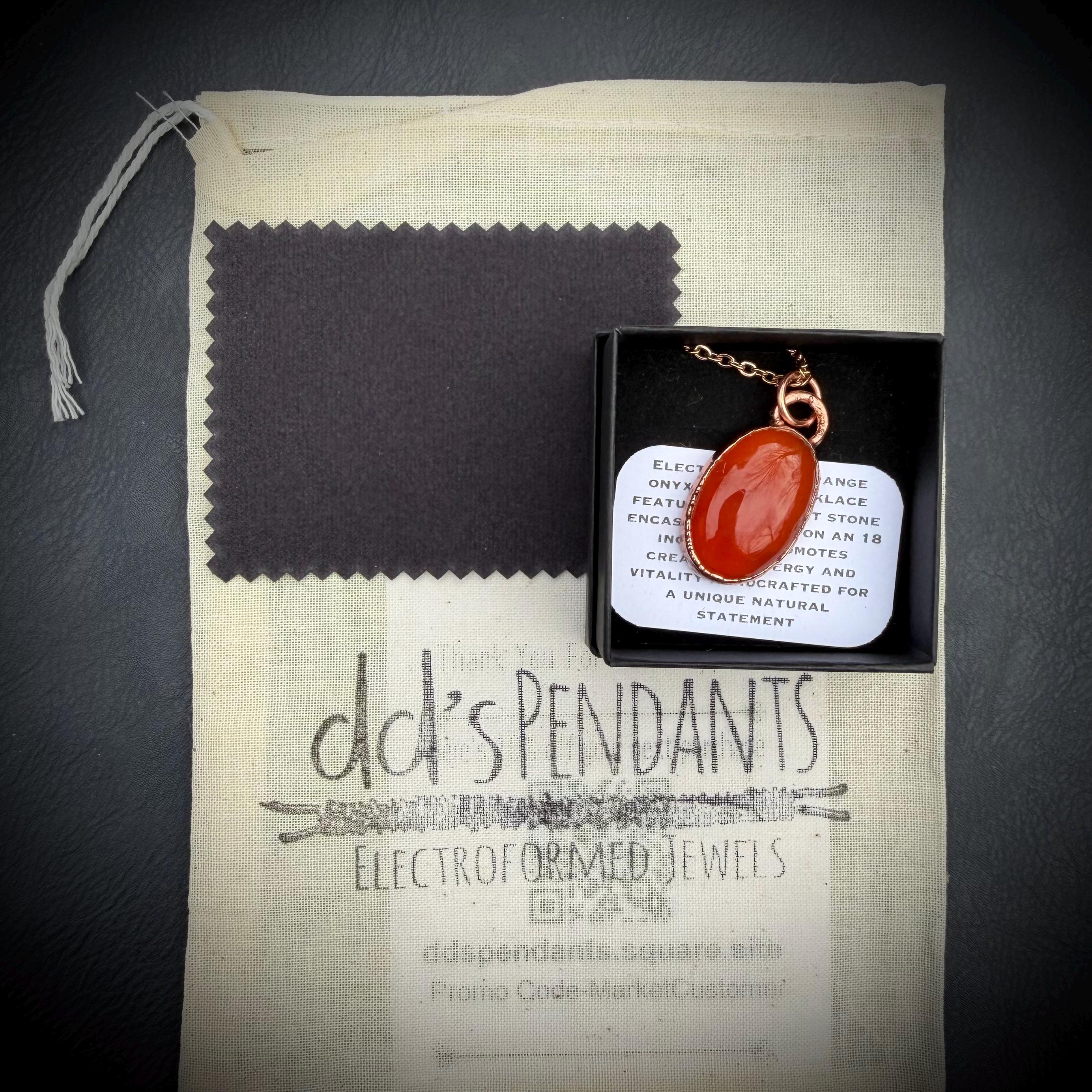 Electroformed Copper Orange Onyx Necklace, Rose Gold Chain