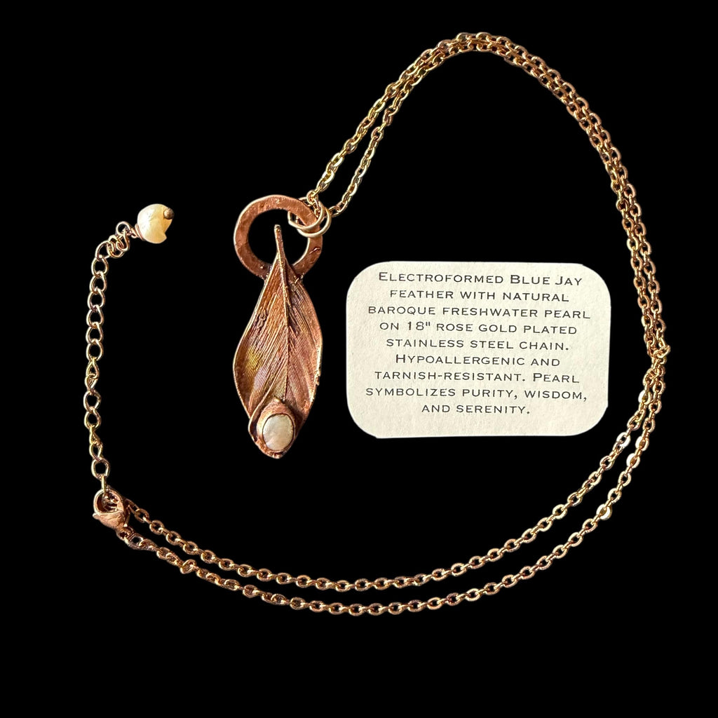 Blue Jay Feather & Baroque Pearl Electroformed Necklace