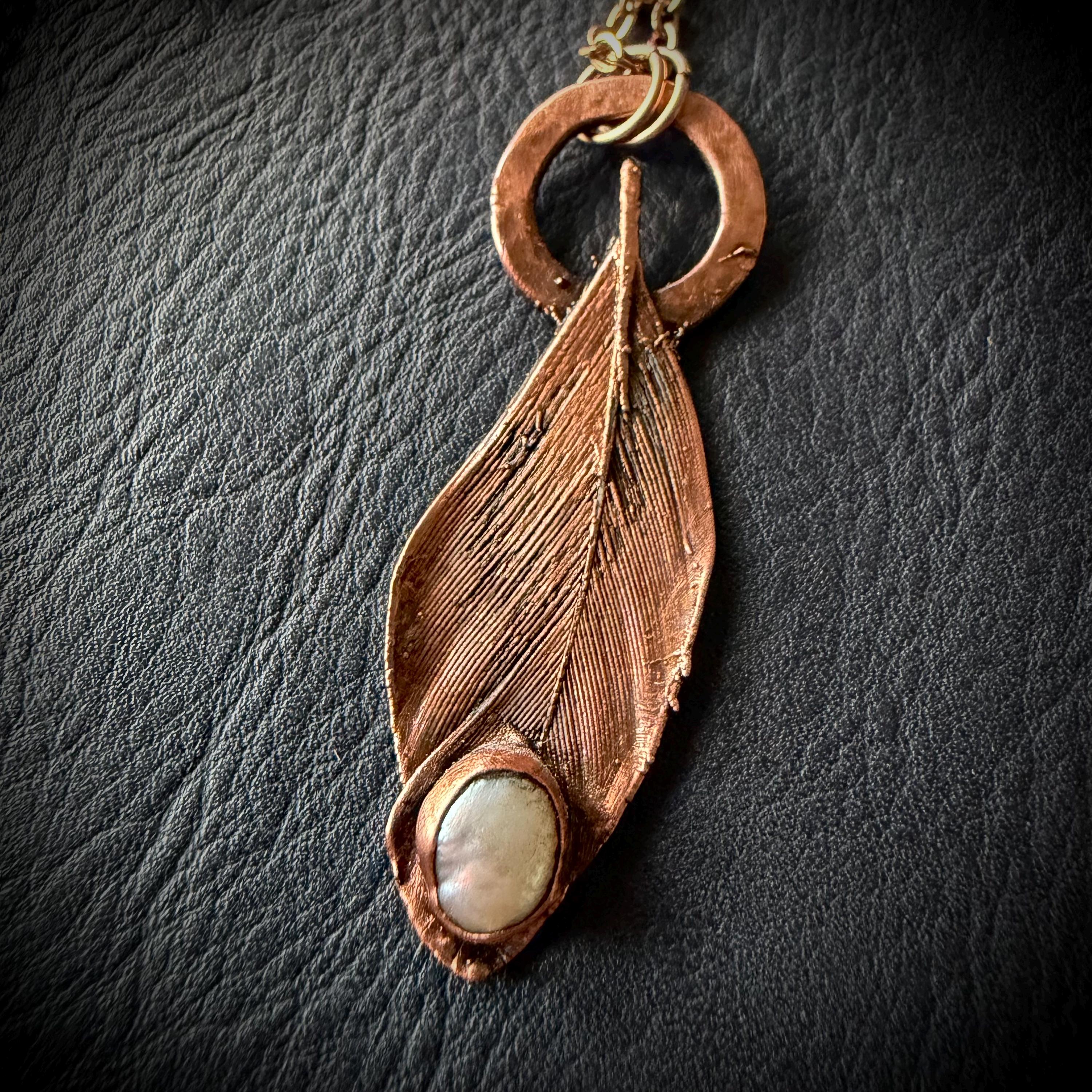 Blue Jay Feather & Baroque Pearl Electroformed Necklace