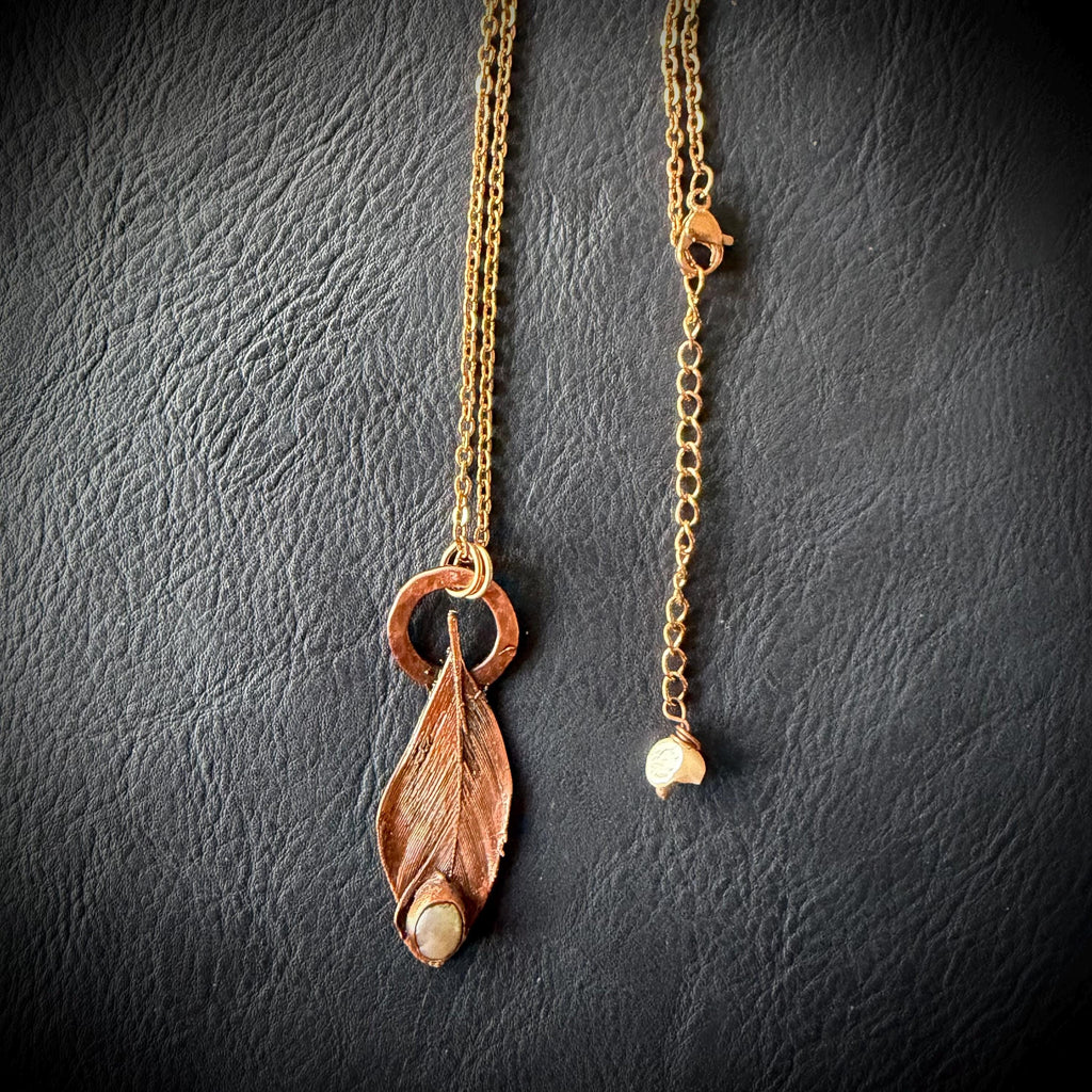 Blue Jay Feather & Baroque Pearl Electroformed Necklace