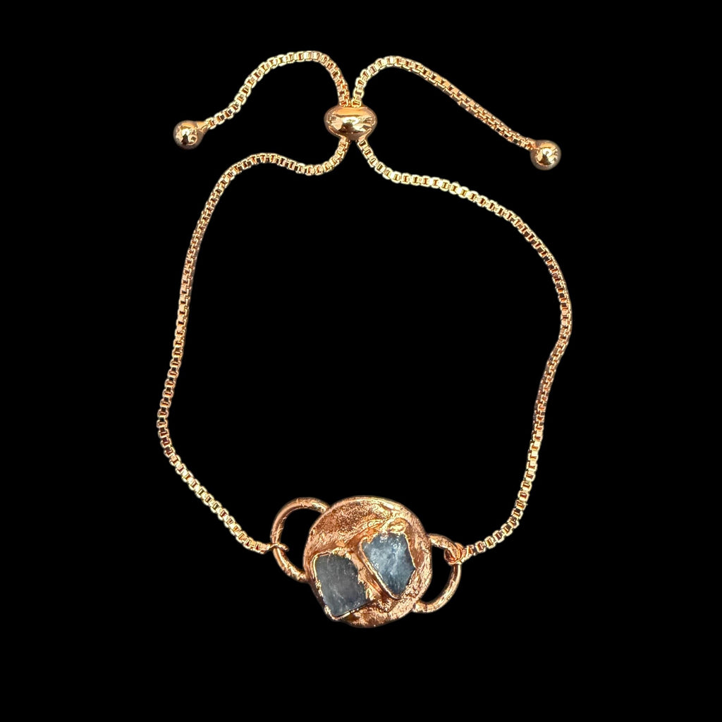 Electroformed Aquamarine Circle Charm Bracelet | Rose Gold Plated Adjustable Chain | Handmade Copper Jewelry