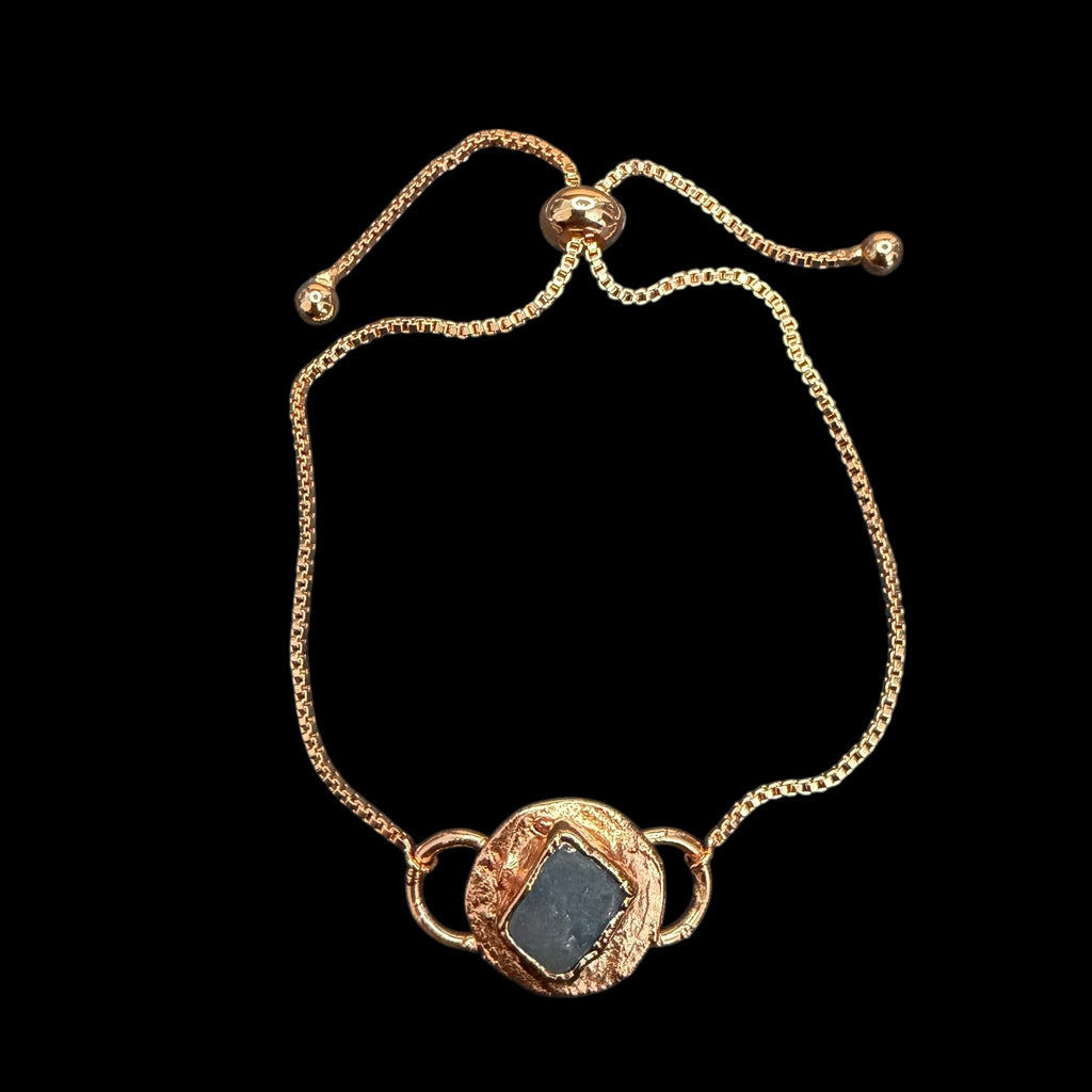Electroformed Aquamarine Circle Charm Bracelet | Rose Gold Plated Adjustable Chain | Handmade Copper Jewelry