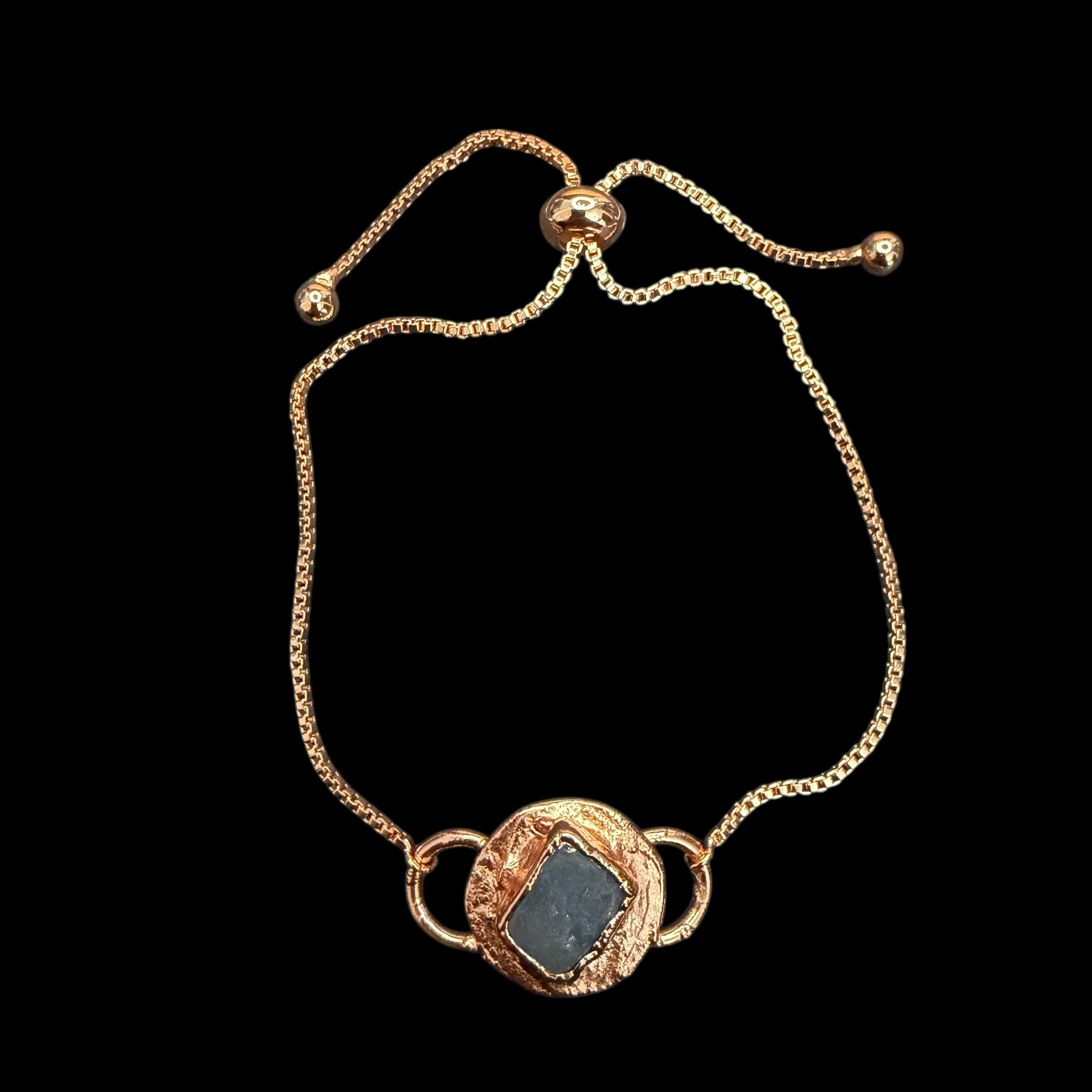 Electroformed Aquamarine Circle Charm Bracelet | Rose Gold Plated Adjustable Chain | Handmade Copper Jewelry