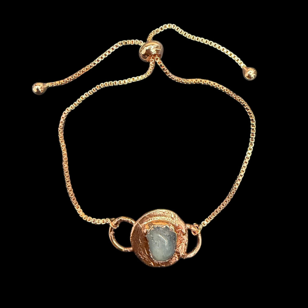 Electroformed Aquamarine Circle Charm Bracelet | Rose Gold Plated Adjustable Chain | Handmade Copper Jewelry