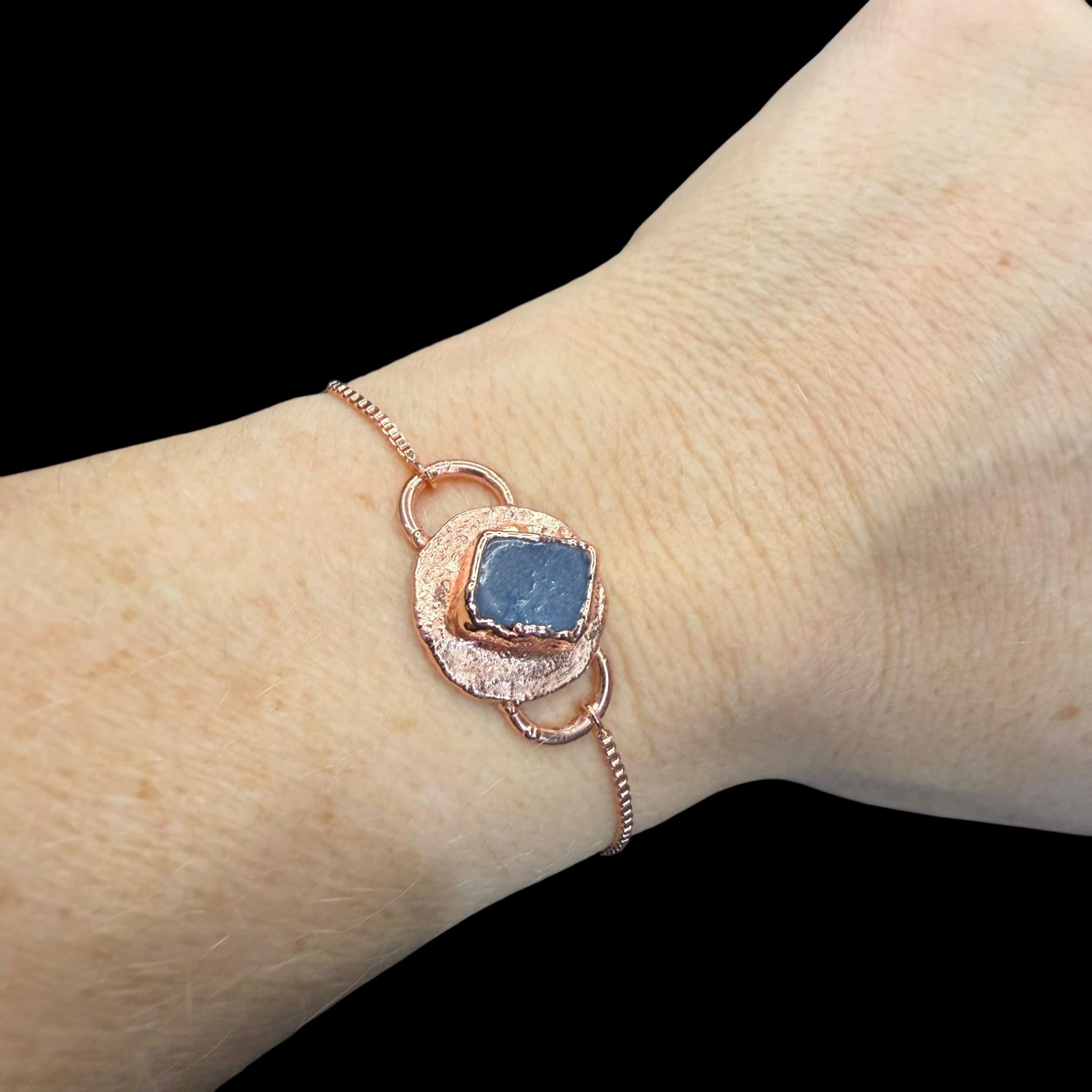 Electroformed Aquamarine Circle Charm Bracelet | Rose Gold Plated Adjustable Chain | Handmade Copper Jewelry