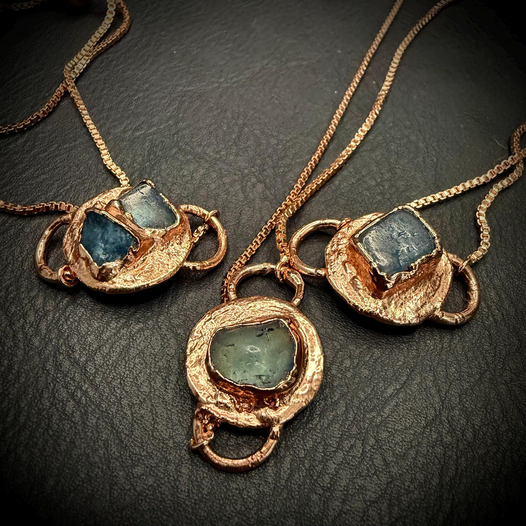 Electroformed Aquamarine Circle Charm Bracelet | Rose Gold Plated Adjustable Chain | Handmade Copper Jewelry