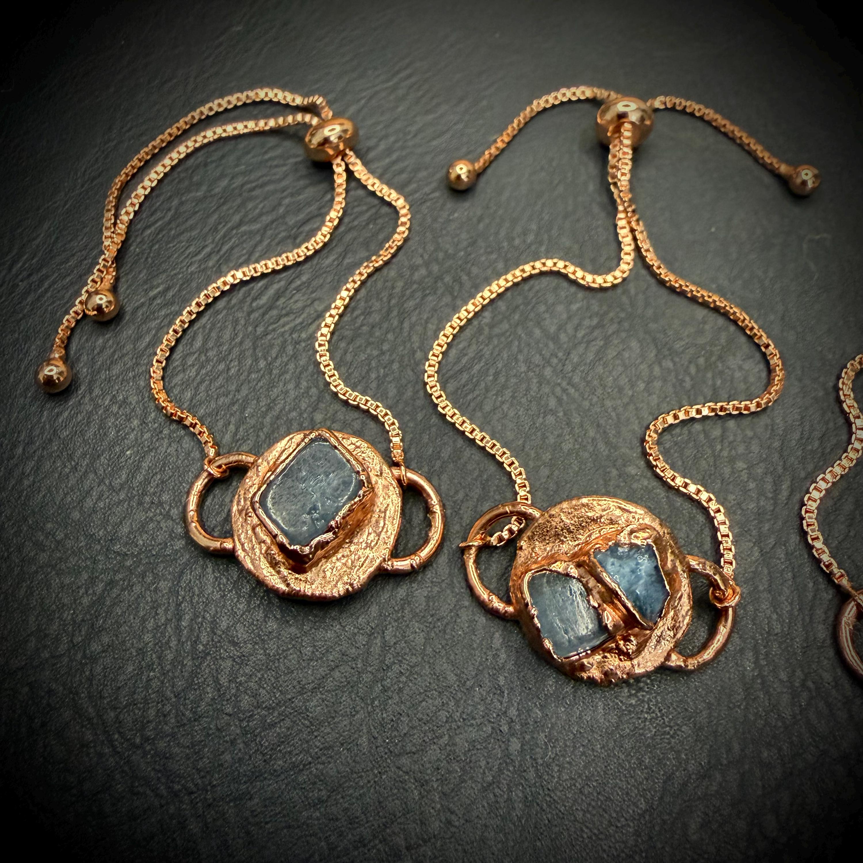 Electroformed Aquamarine Circle Charm Bracelet | Rose Gold Plated Adjustable Chain | Handmade Copper Jewelry