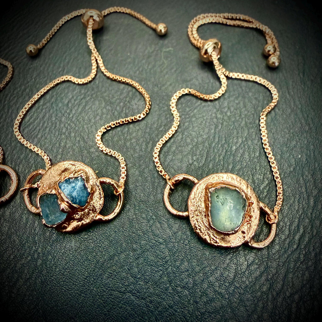 Electroformed Aquamarine Circle Charm Bracelet | Rose Gold Plated Adjustable Chain | Handmade Copper Jewelry