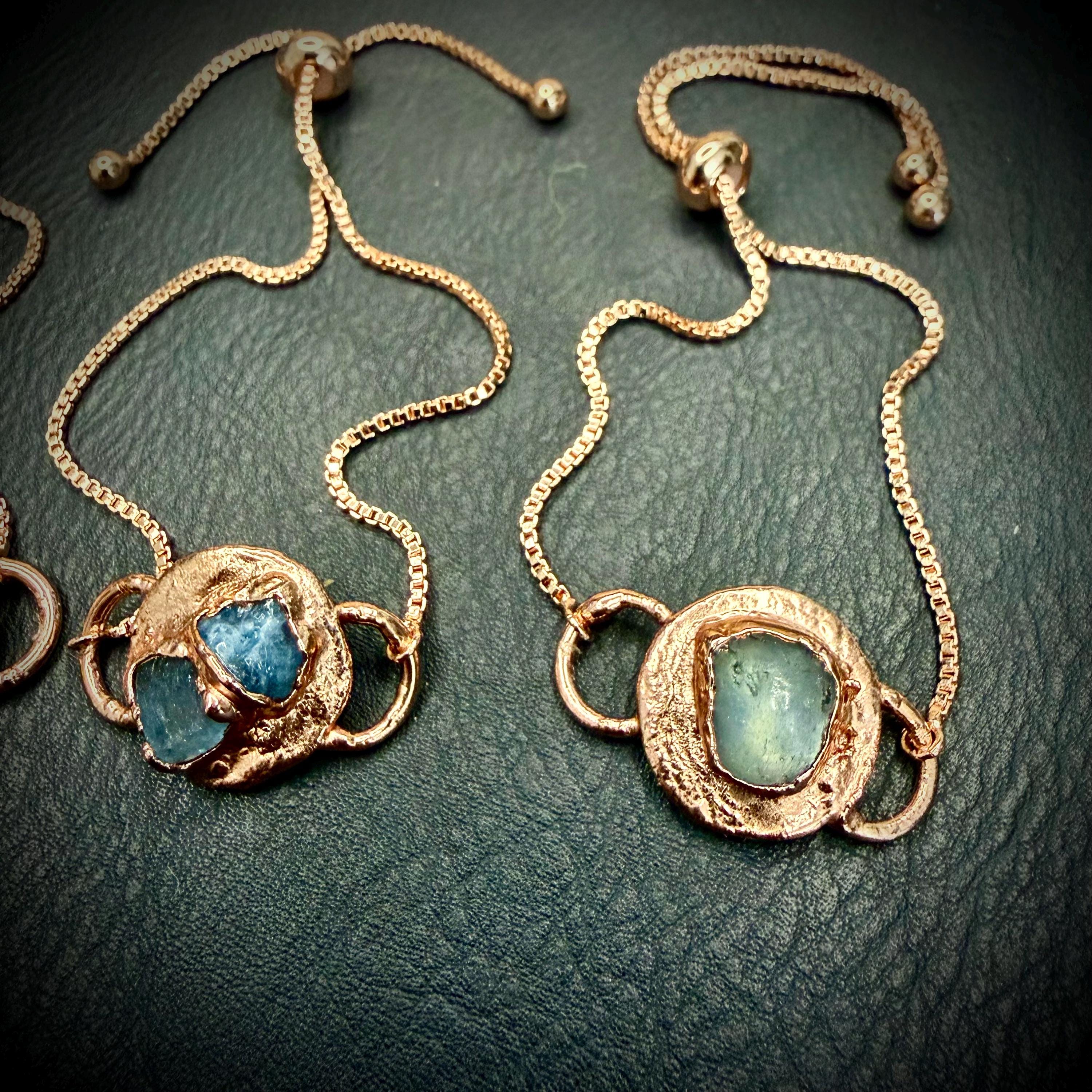 Electroformed Aquamarine Circle Charm Bracelet | Rose Gold Plated Adjustable Chain | Handmade Copper Jewelry