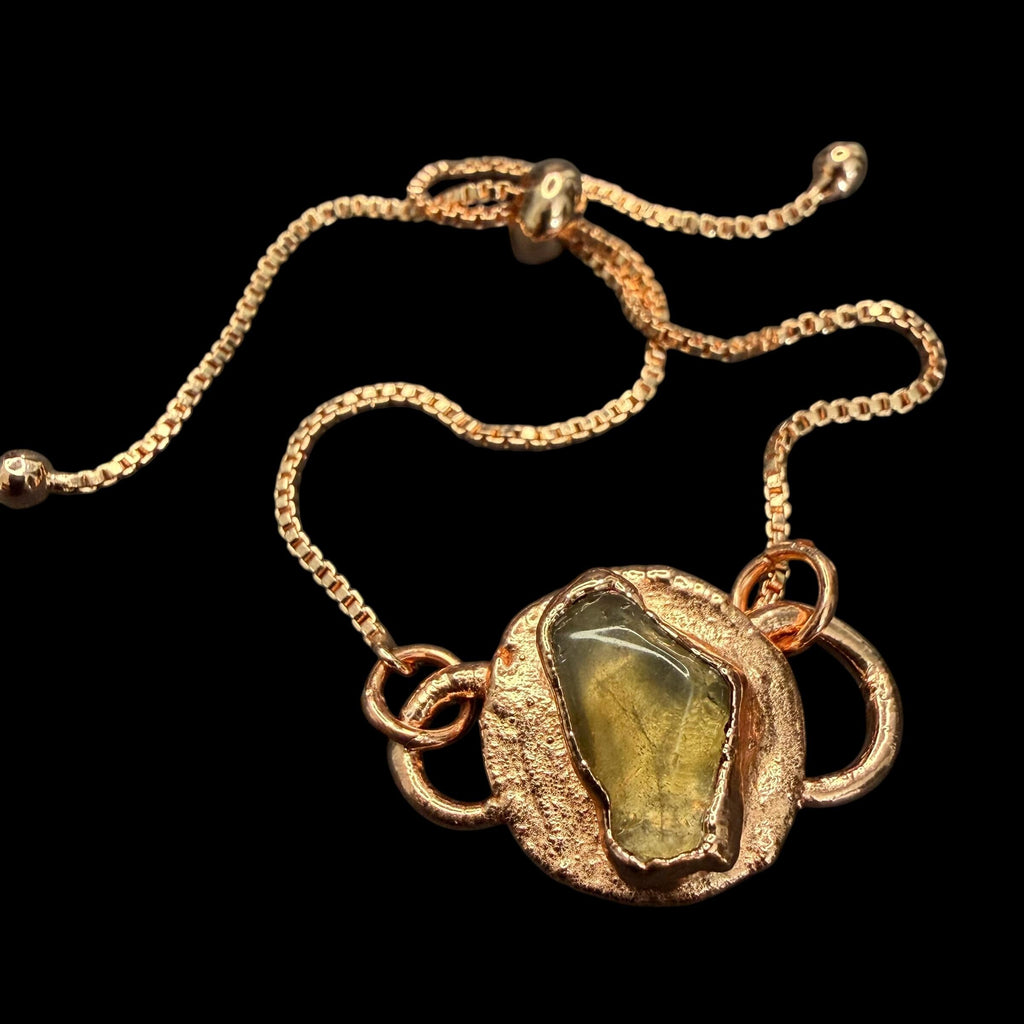 Electroformed Citrine Circle Charm Bracelet | Rose Gold Plated Adjustable Chain | Handmade Copper Jewelry
