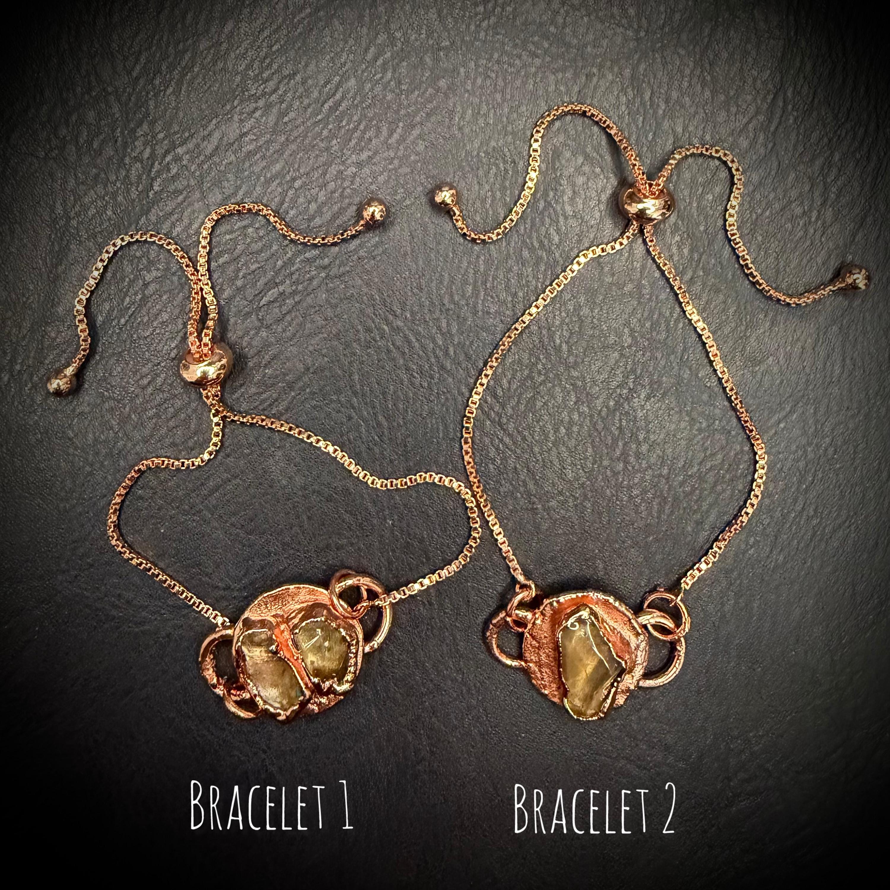 Electroformed Citrine Circle Charm Bracelet | Rose Gold Plated Adjustable Chain | Handmade Copper Jewelry