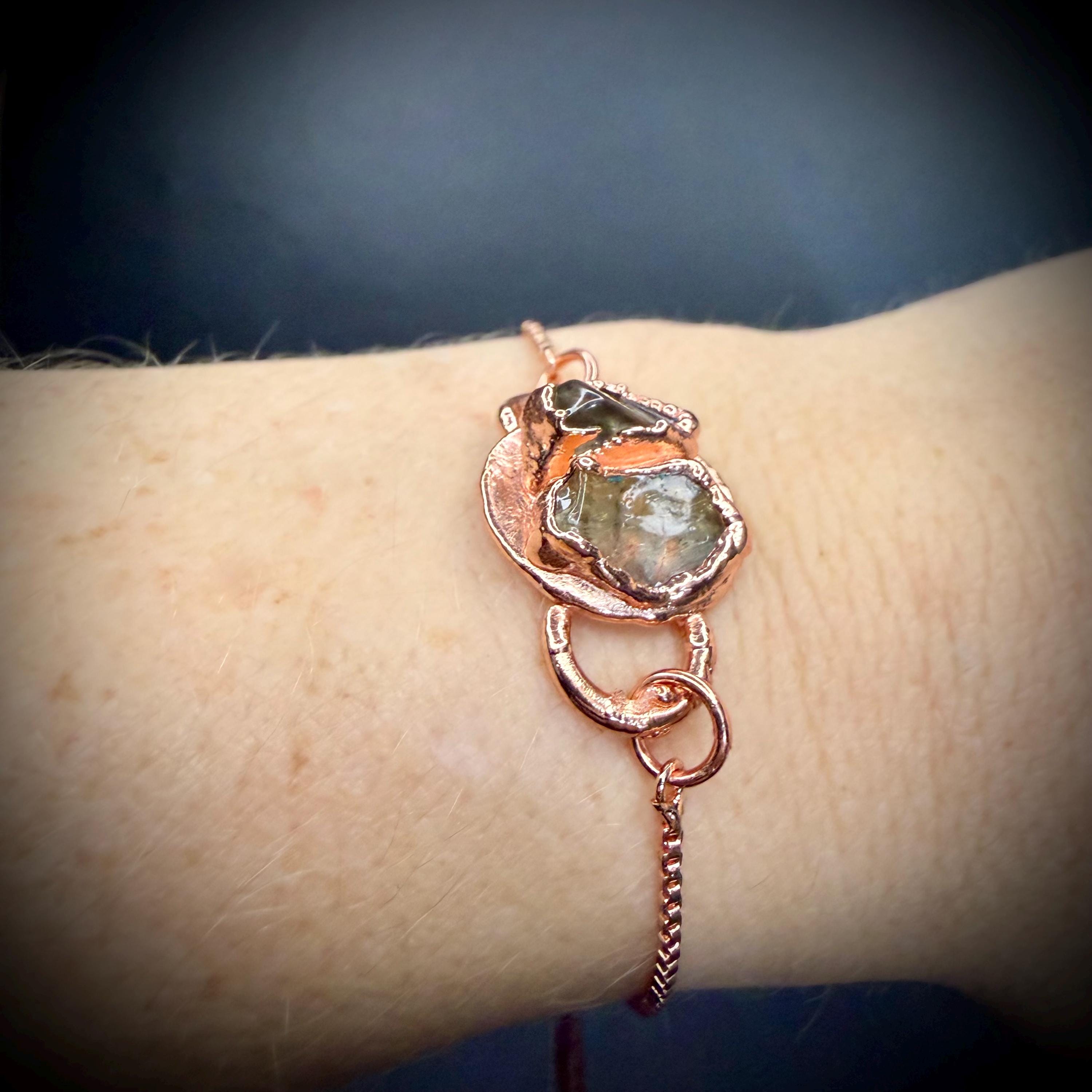 Electroformed Citrine Circle Charm Bracelet | Rose Gold Plated Adjustable Chain | Handmade Copper Jewelry