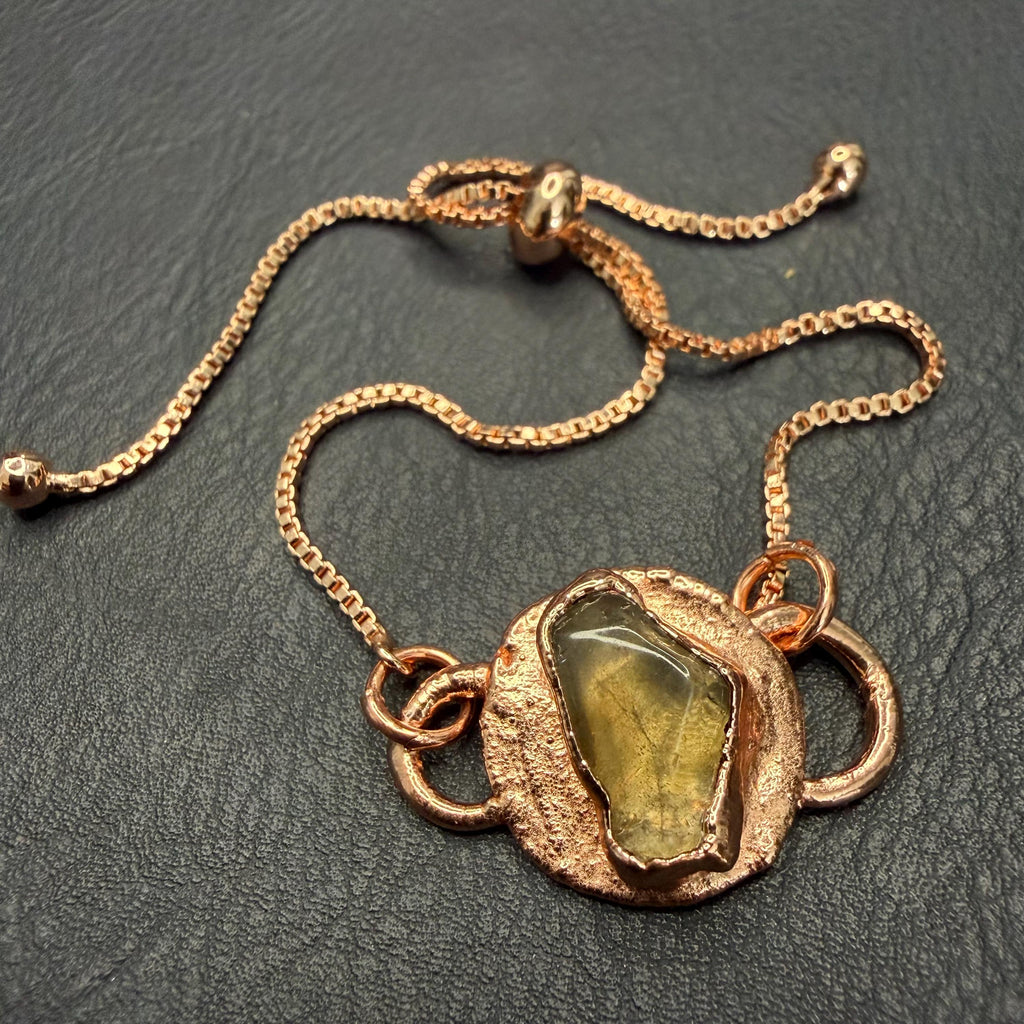 Electroformed Citrine Circle Charm Bracelet | Rose Gold Plated Adjustable Chain | Handmade Copper Jewelry