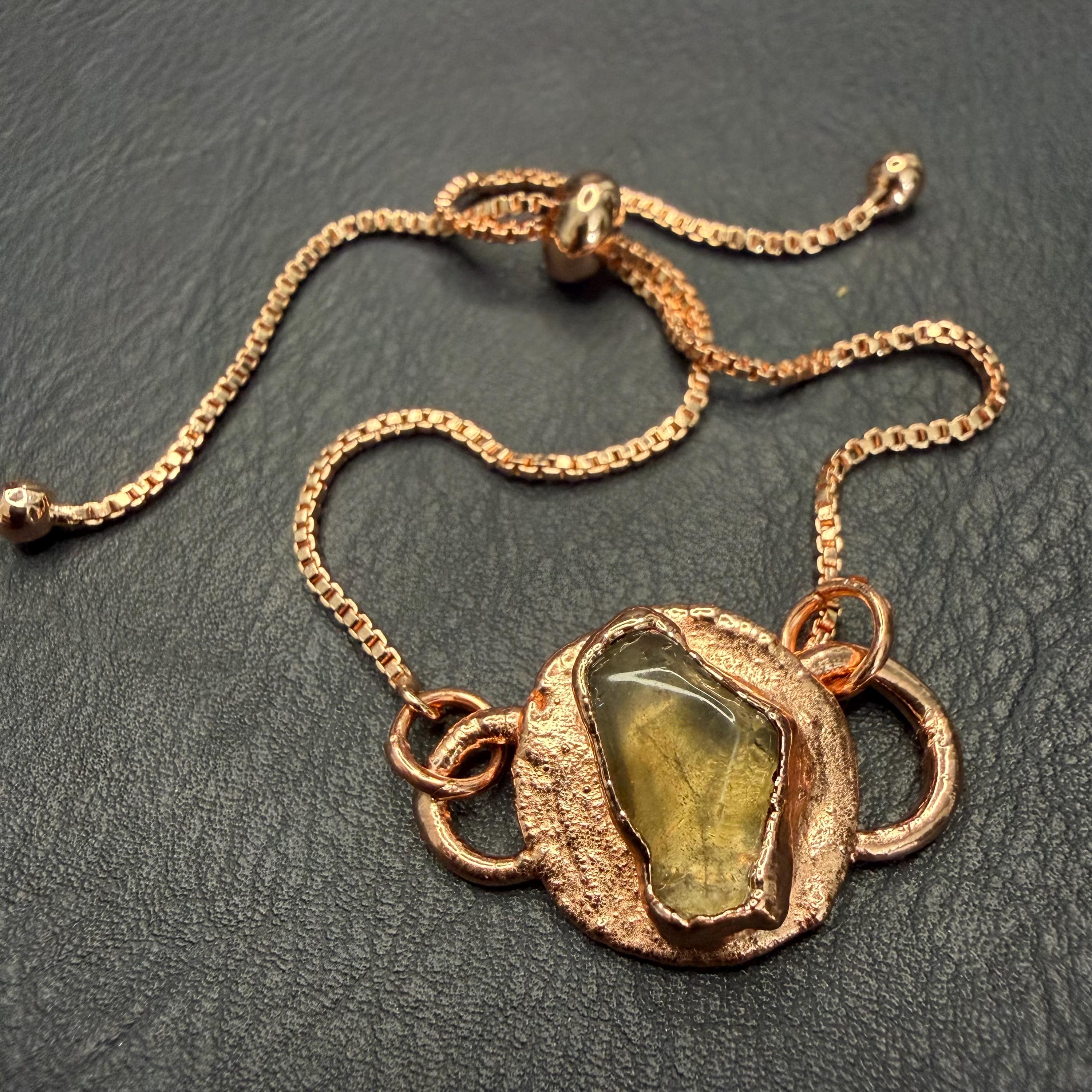 Electroformed Citrine Circle Charm Bracelet | Rose Gold Plated Adjustable Chain | Handmade Copper Jewelry
