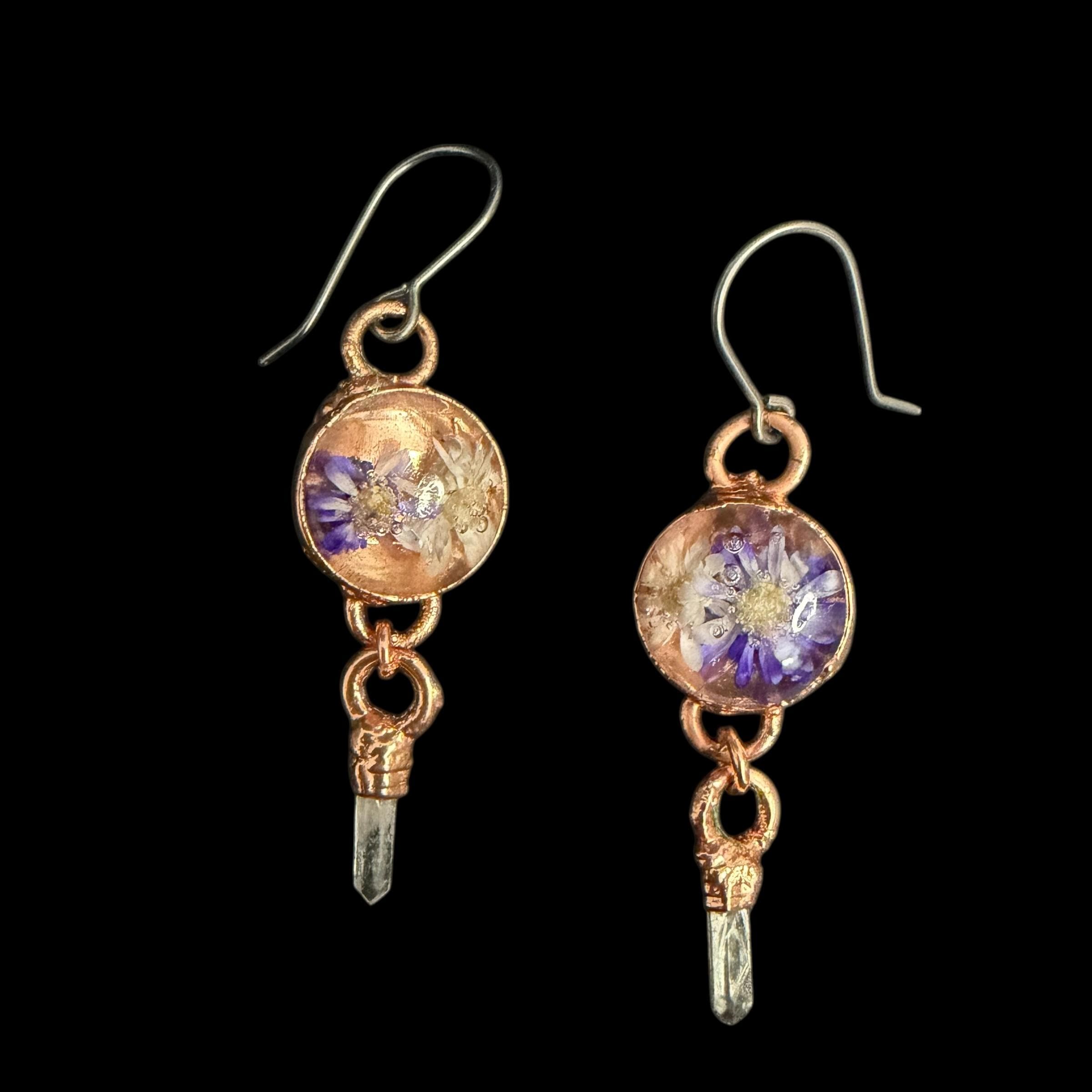 Dried Flower Resin Earrings | Quartz Crystal | Niobium Ear Wires | Handmade Botanical Jewelry