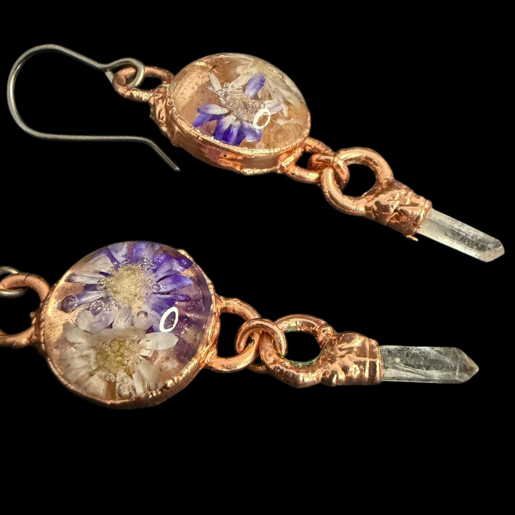 Dried Flower Resin Earrings | Quartz Crystal | Niobium Ear Wires | Handmade Botanical Jewelry