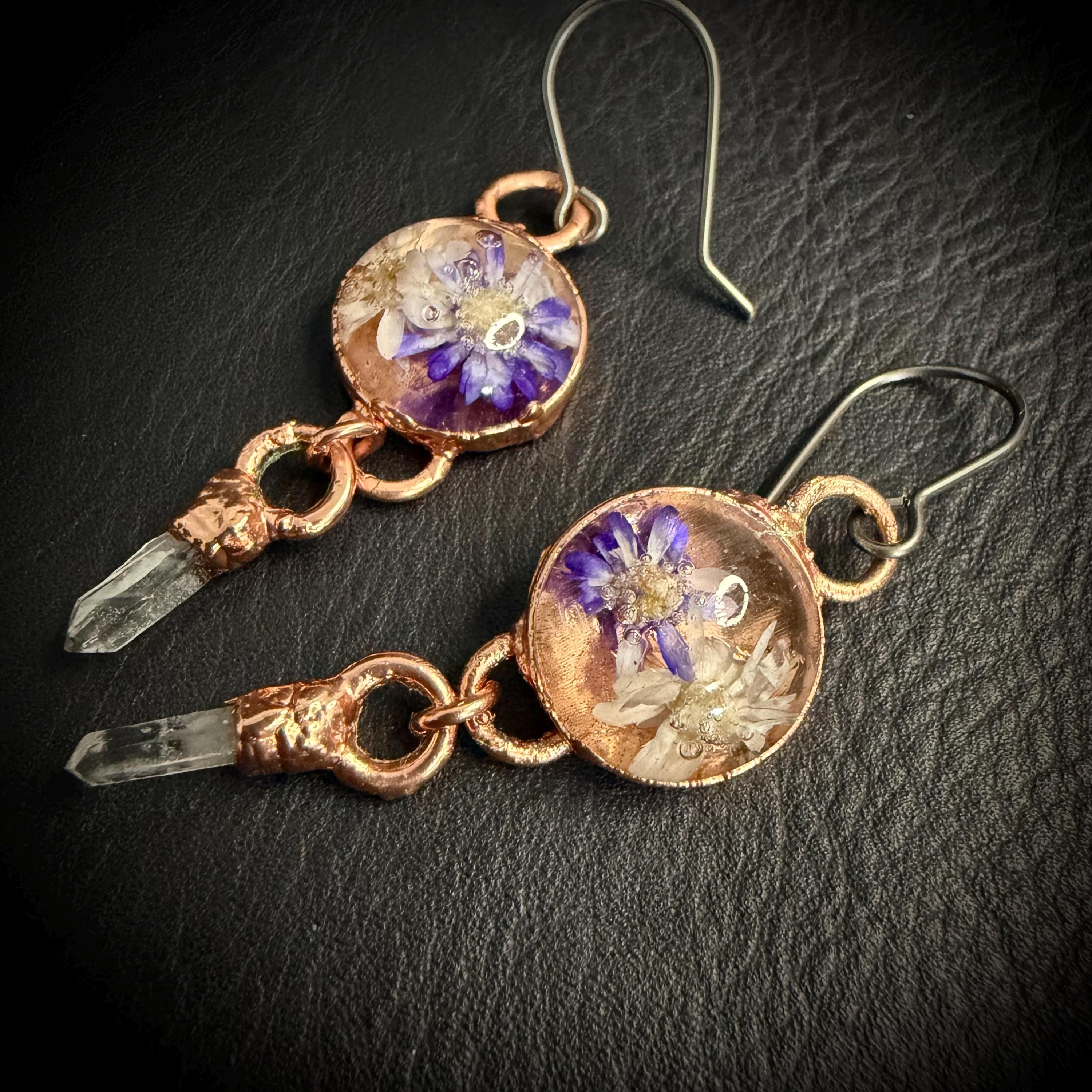 Dried Flower Resin Earrings | Quartz Crystal | Niobium Ear Wires | Handmade Botanical Jewelry