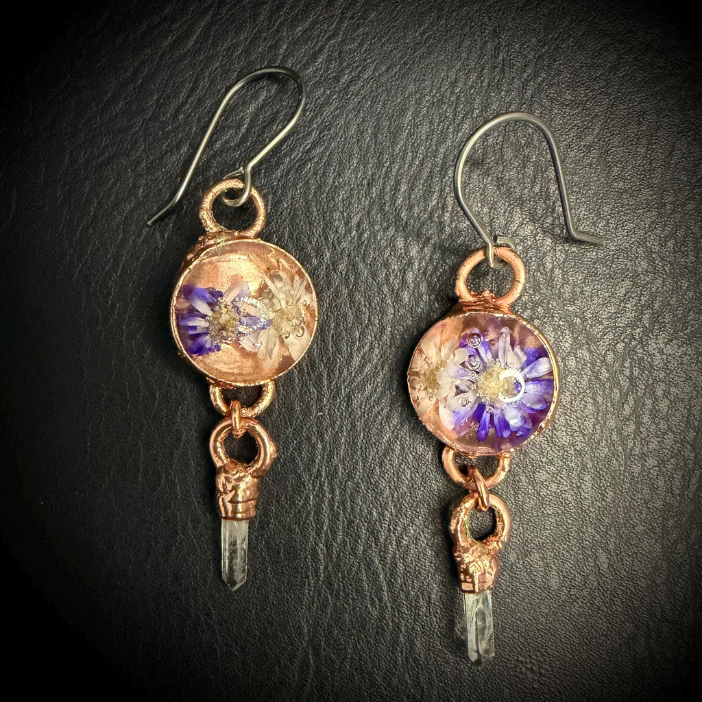 Dried Flower Resin Earrings | Quartz Crystal | Niobium Ear Wires | Handmade Botanical Jewelry