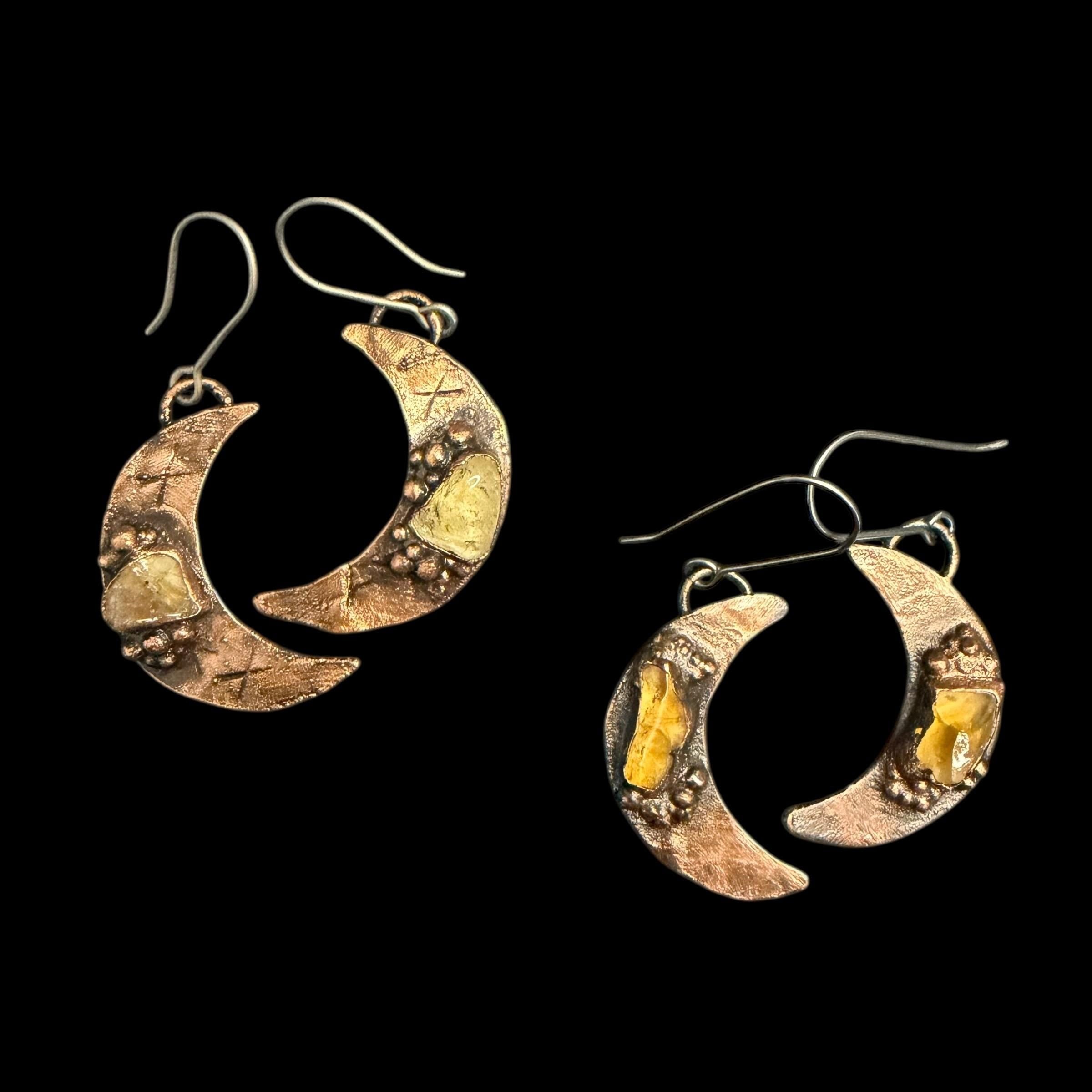 Electroformed Citrine Moon Dangle Earrings on Niobium Ear Wires