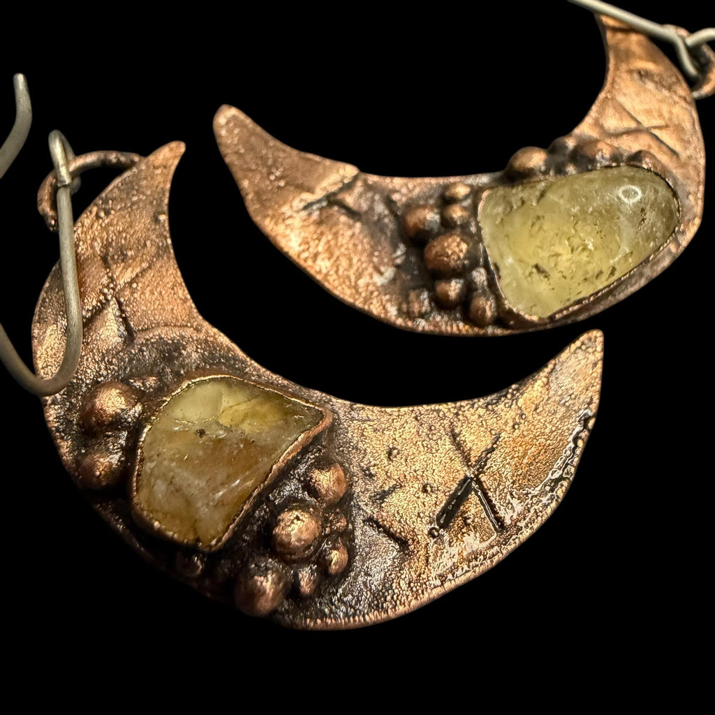 Electroformed Citrine Moon Dangle Earrings on Niobium Ear Wires
