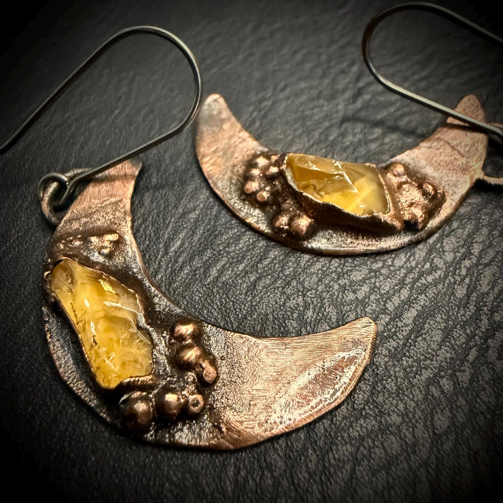 Electroformed Citrine Moon Dangle Earrings on Niobium Ear Wires