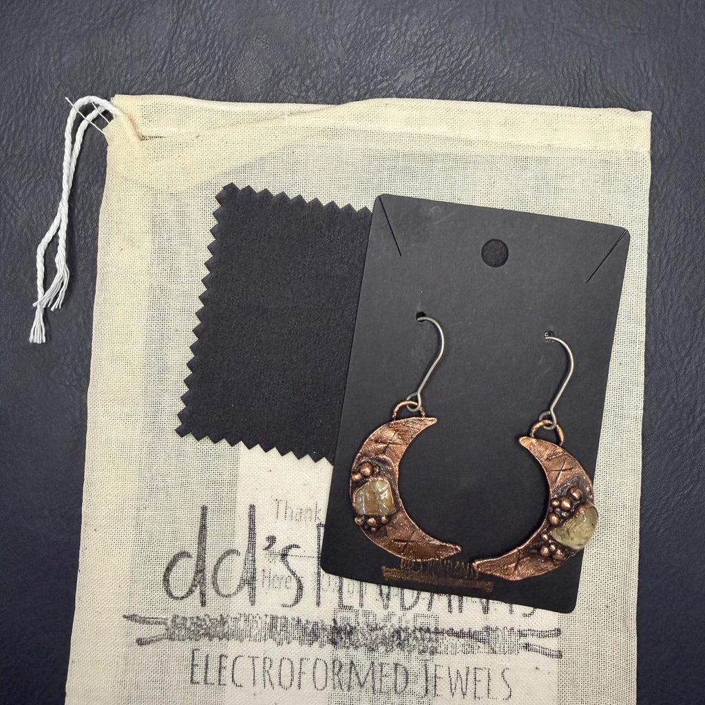 Electroformed Citrine Moon Dangle Earrings on Niobium Ear Wires