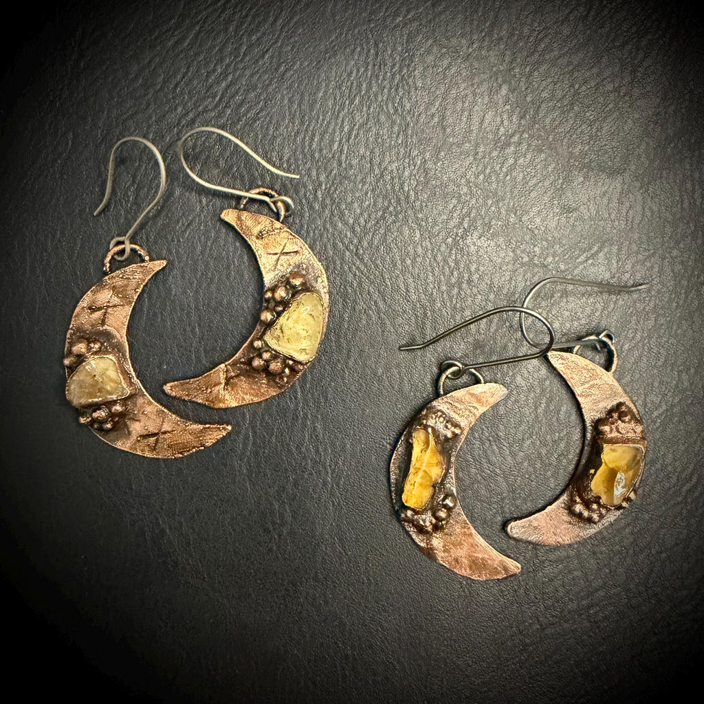 Electroformed Citrine Moon Dangle Earrings on Niobium Ear Wires