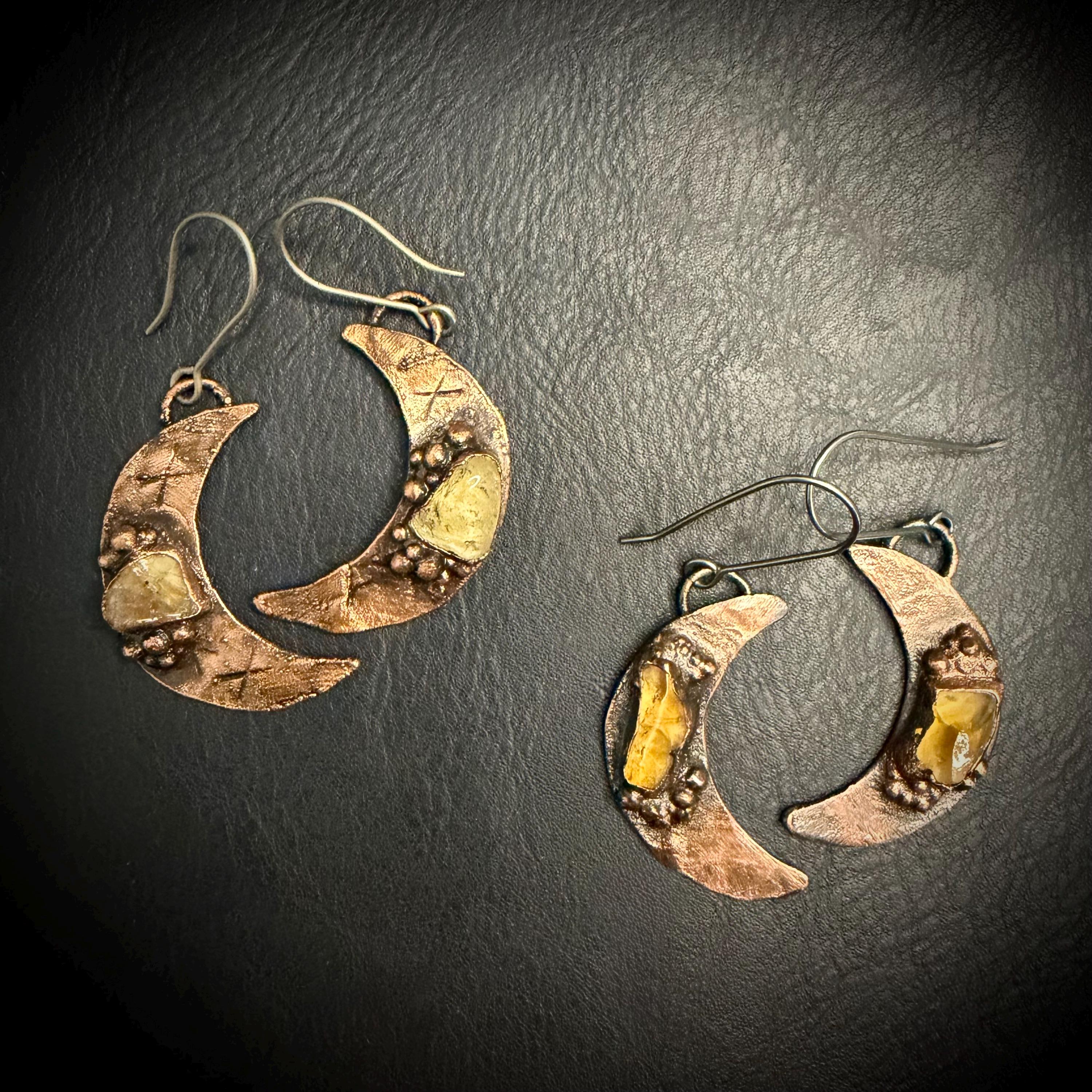 Electroformed Citrine Moon Dangle Earrings on Niobium Ear Wires