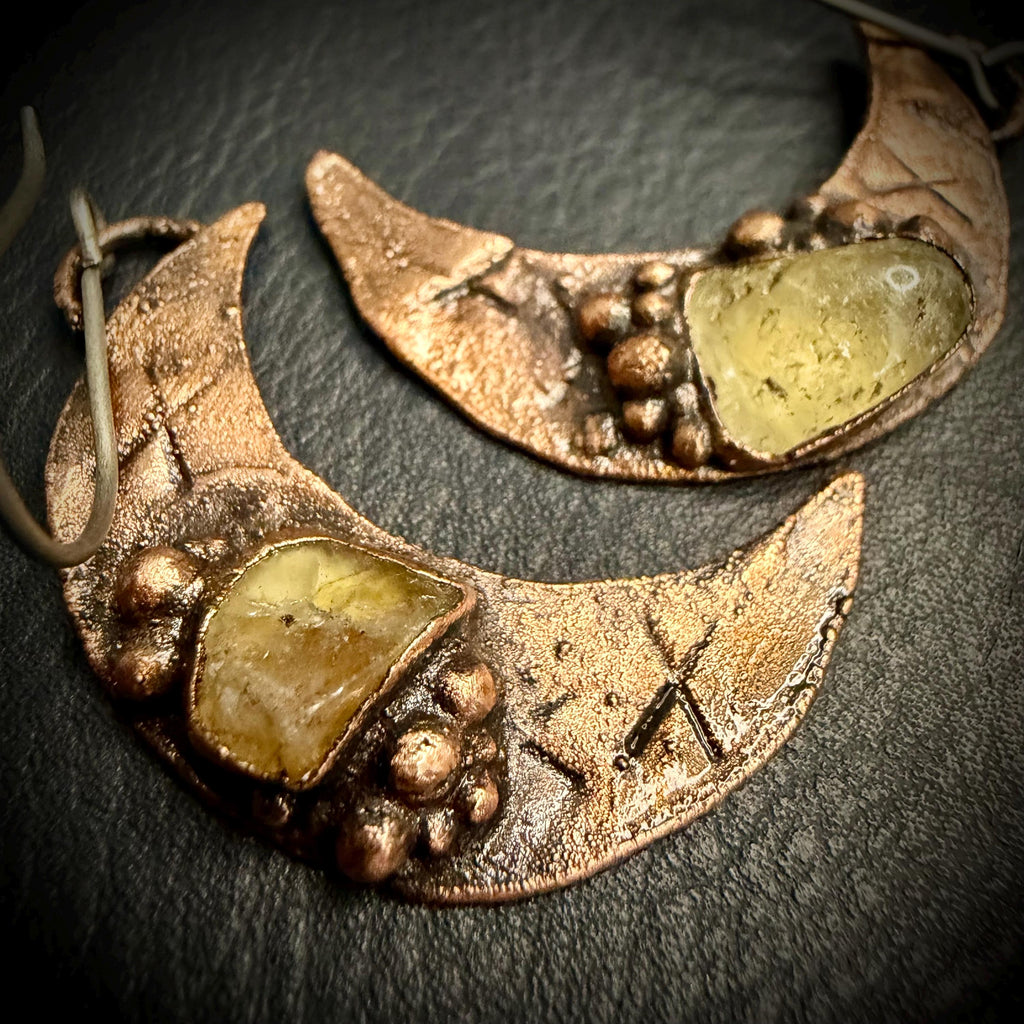 Electroformed Citrine Moon Dangle Earrings on Niobium Ear Wires