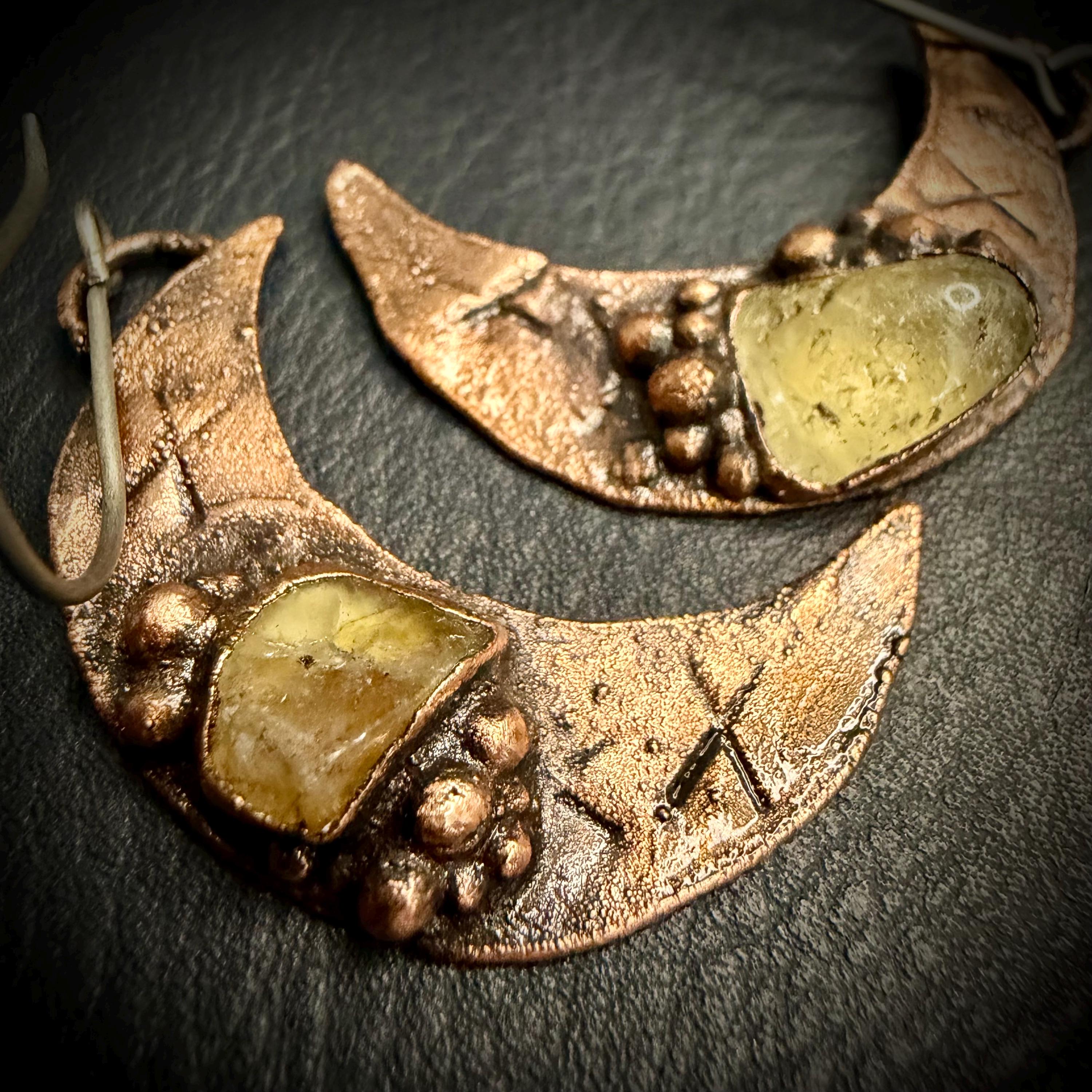 Electroformed Citrine Moon Dangle Earrings on Niobium Ear Wires
