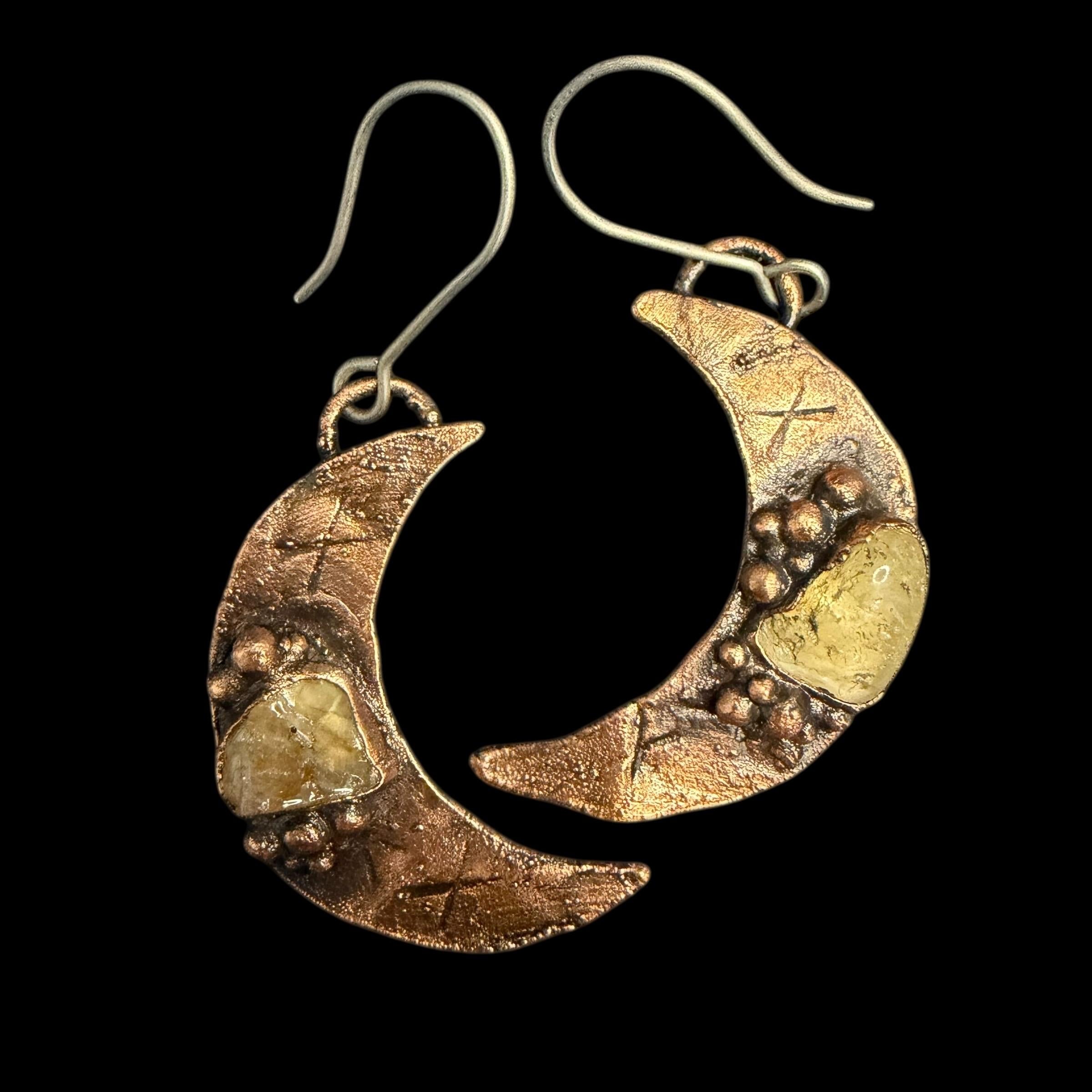 Electroformed Citrine Moon Dangle Earrings on Niobium Ear Wires