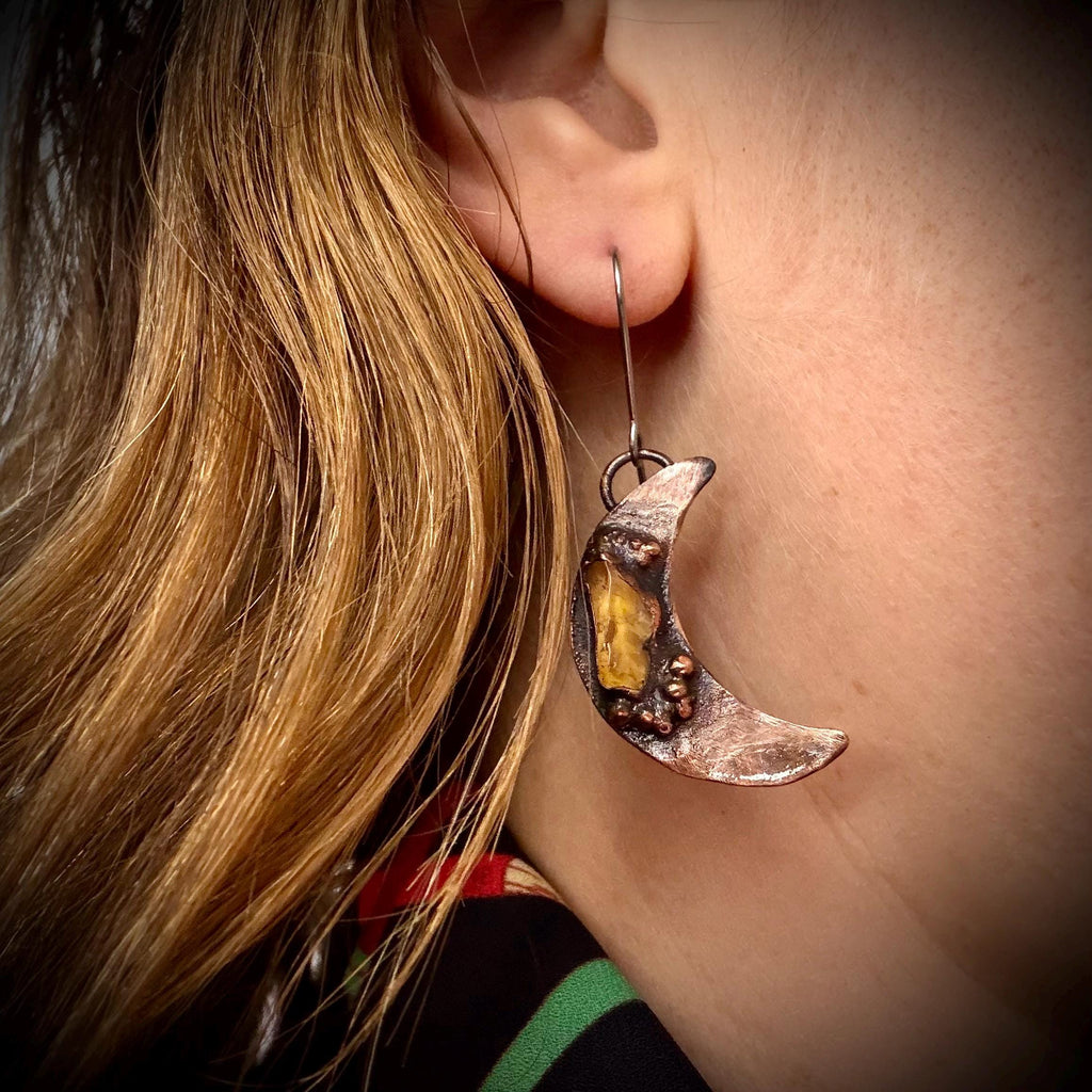 Electroformed Citrine Moon Dangle Earrings on Niobium Ear Wires