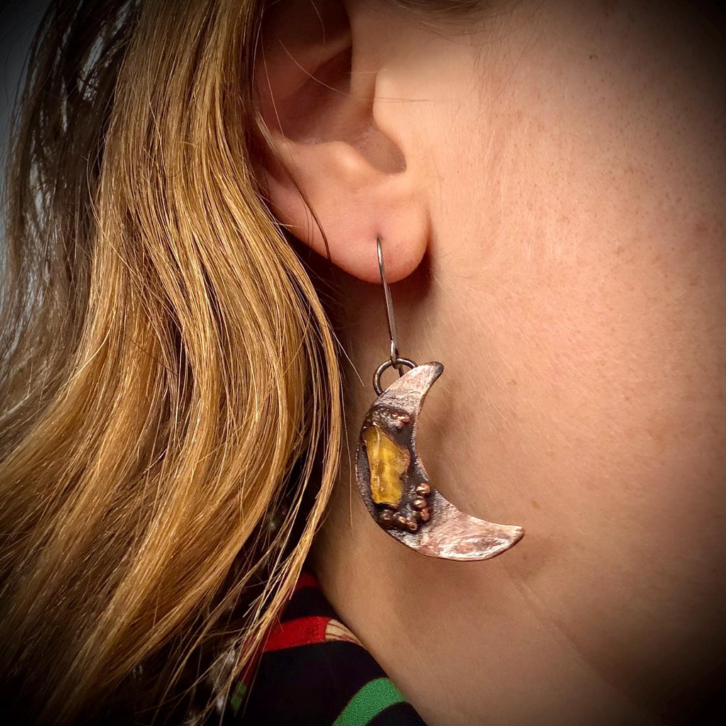Electroformed Citrine Moon Dangle Earrings on Niobium Ear Wires