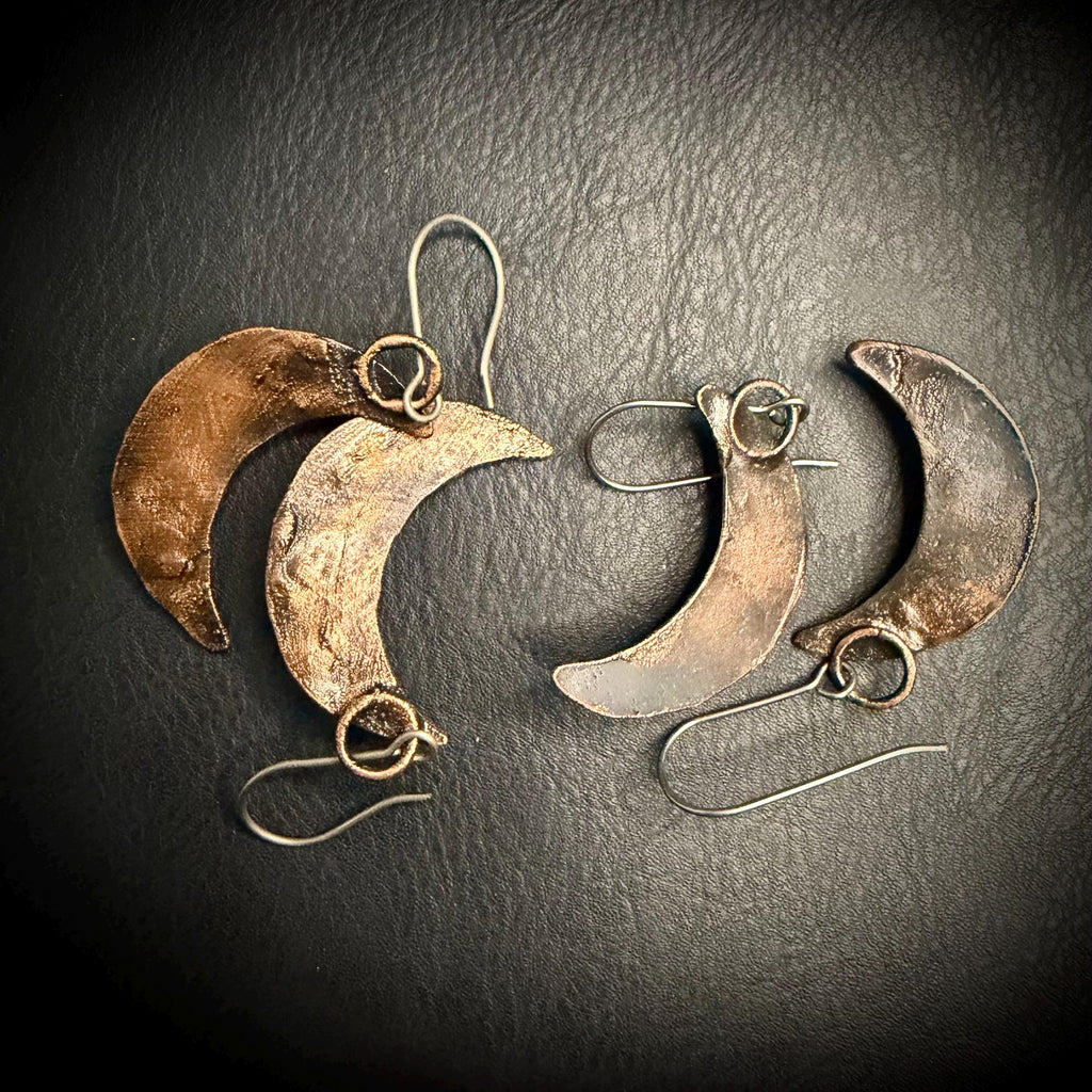 Electroformed Citrine Moon Dangle Earrings on Niobium Ear Wires