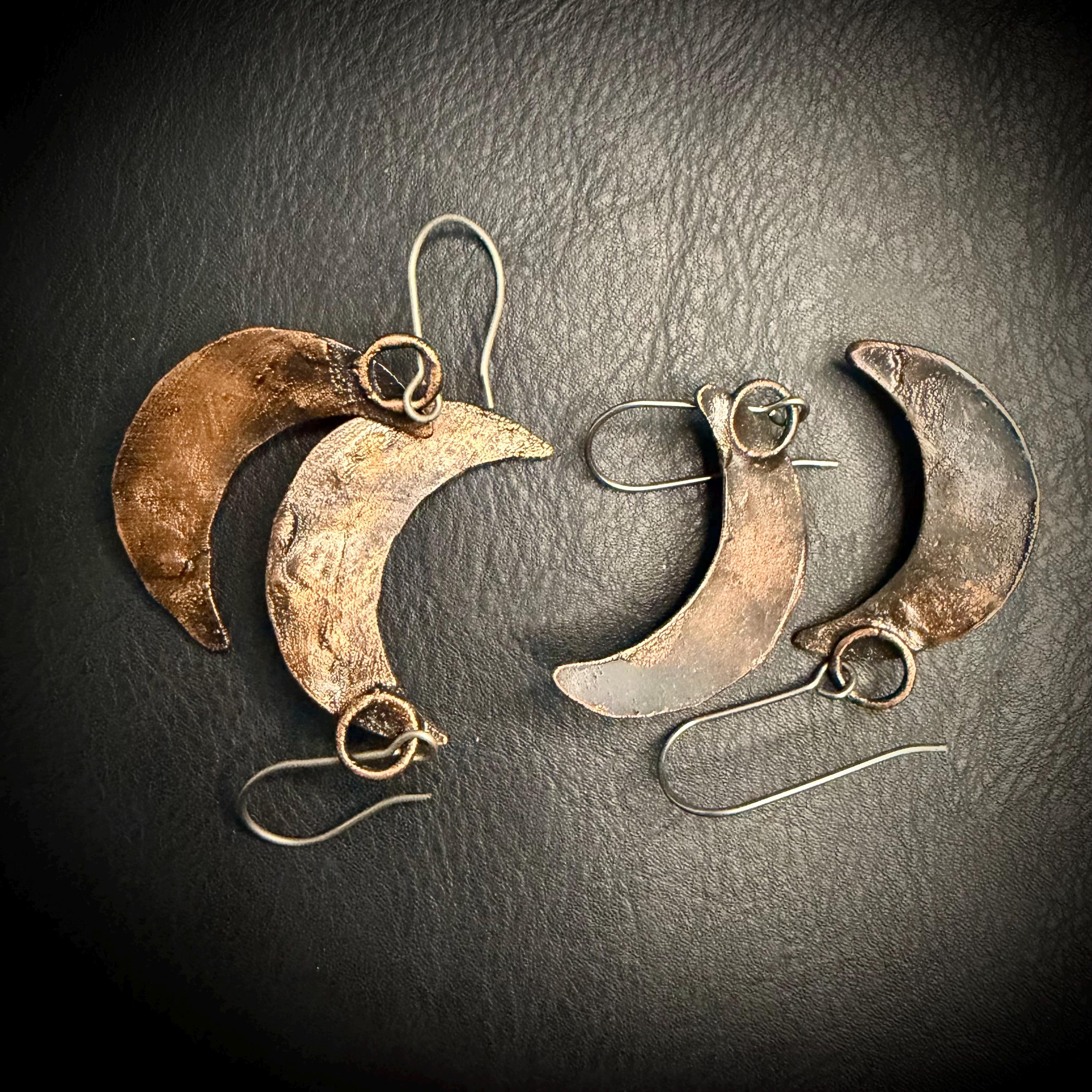 Electroformed Citrine Moon Dangle Earrings on Niobium Ear Wires